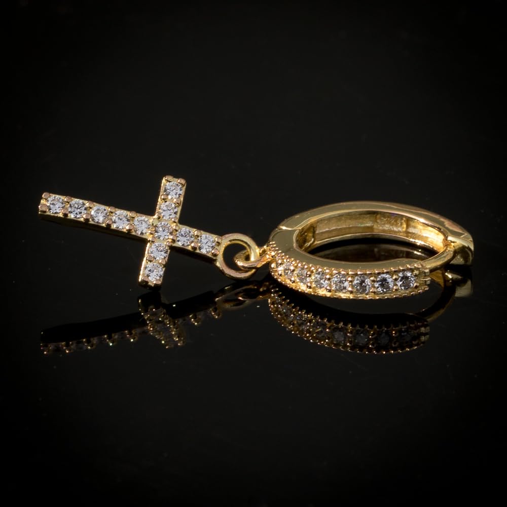14K Yellow Gold Plated 925 Sterling Silver Cubic Zirconia Cross Hoop Earrings for Men & Women - Lightweight Dainty Dangle Huggie Hoops - Perfect for Daily Wear, Gift Giving, and Special Occasions