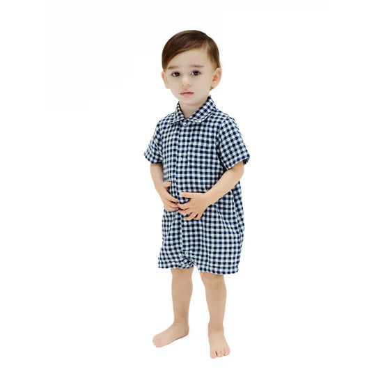 Muslin Button Down Polo Short Sleeve Shirt for Men - Navy Blue Gingham Print - Casual Summer Wear, Beach Outings, and Office Casual Style