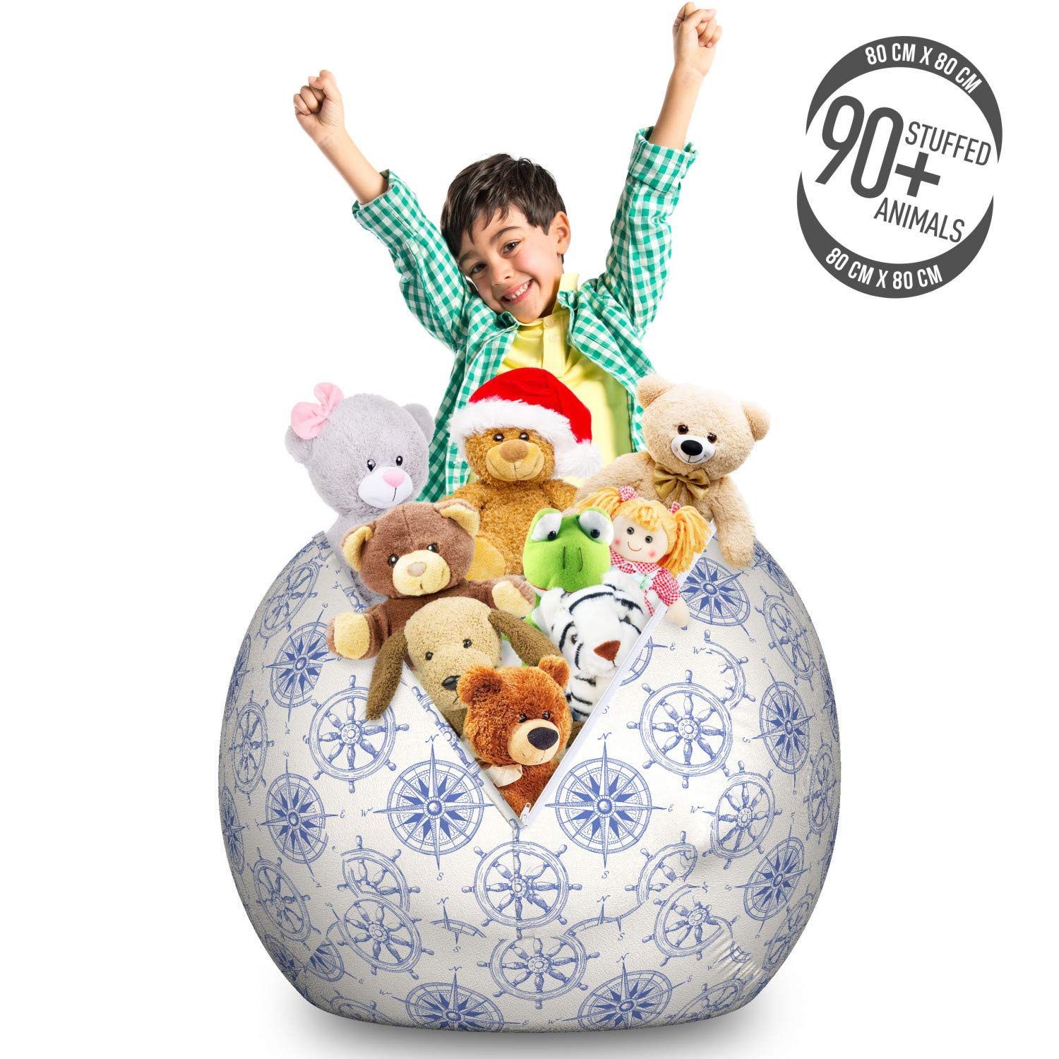 Ambesonne Nautical Storage Toy Bag Chair - Marine Themed Organizer with Hand-Drawn Ship Steering Wheel & Compass Design | Washable Large Stuffed Animal Storage | Perfect for Kids' Room, Playroom & Boat-Themed Decor (White & Blue)