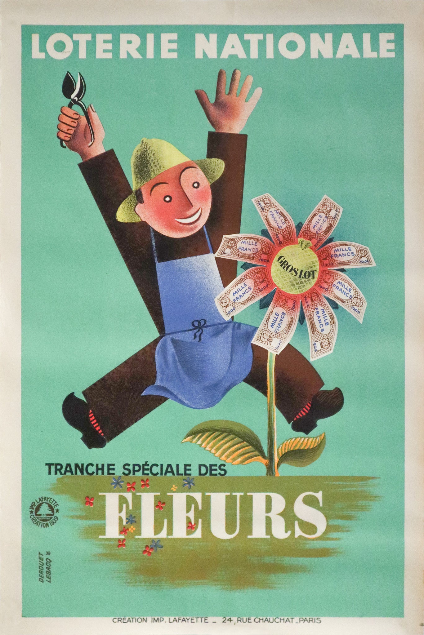 1939 French Art Deco Poster - Loterie Nationale Advertisement - Tranche Speciale - Fleurs - Vintage Wall Art for Home & Office Decor