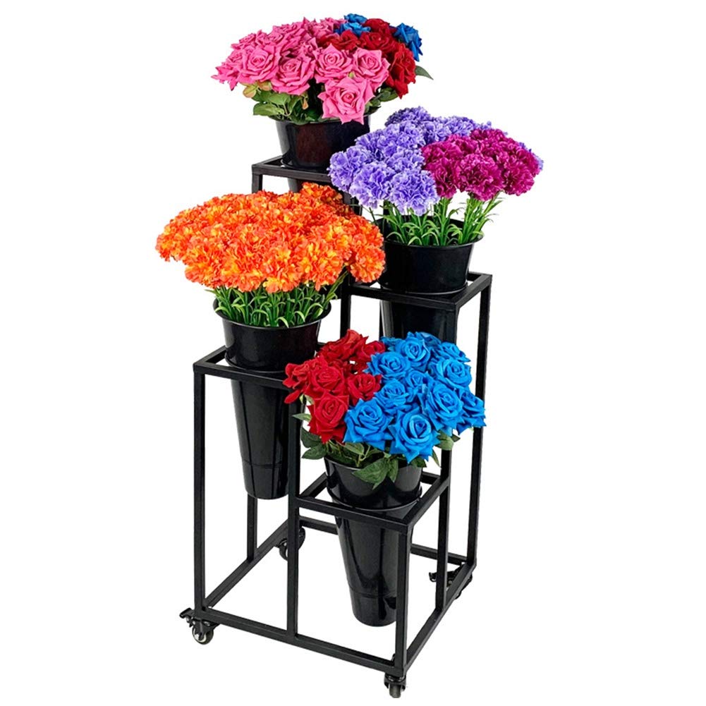 GZHENH 4-Tier Flower Display Stand with Wheels - Durable Metal Plant Stand for Garden, Shop, or Home Decor - Includes 4 Flower Buckets (Black, 40x40x85cm) - Perfect for Florists, Nurseries, and Outdoor Events
