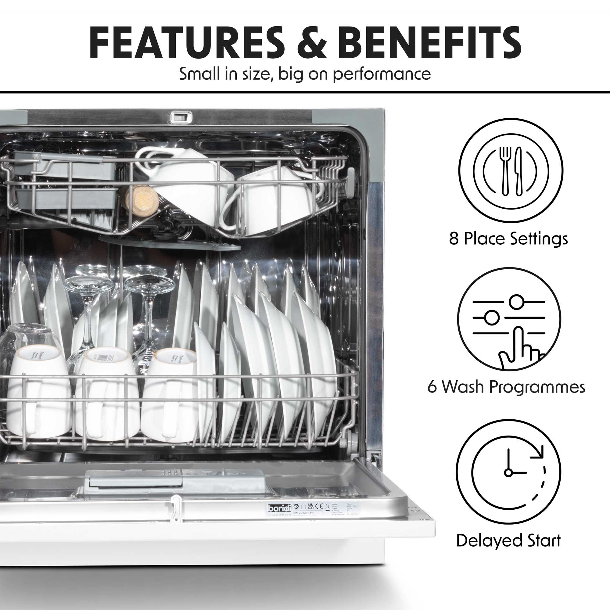 Baridi Compact Tabletop Dishwasher - 8 Place Settings, 6 Wash Programs, Ultra Quiet (45dB), 8L Capacity, Energy Efficient, White (Model DH86) - Perfect for Apartments, Dorms, RVs & Small Kitchens