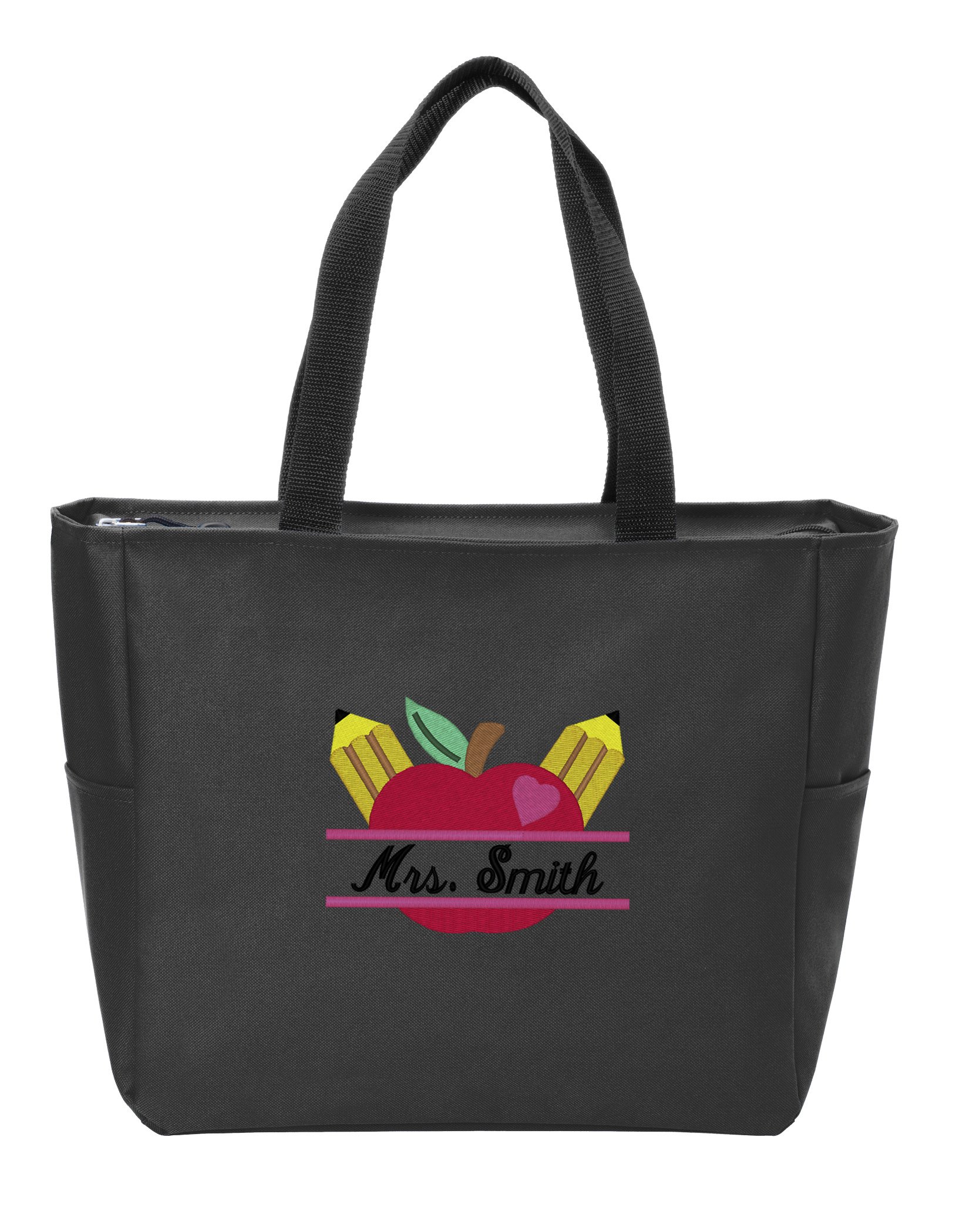 Custom Personalized Canvas Tote Bag with Teacher's Apple Monogram - Durable Shoulder Bag for School, Work, Travel & Shopping | Great Gift for Teachers, Students & Professionals (Black)