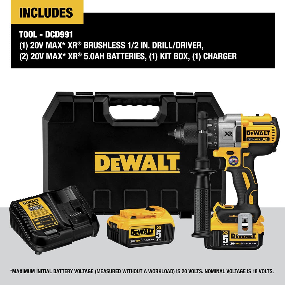 DEWALT 20V MAX XR Brushless Cordless Drill/Driver Kit - 3-Speed, 5.0Ah Battery, Powerful & Lightweight (DCD991P2) for Home Improvement, Construction & DIY Projects
