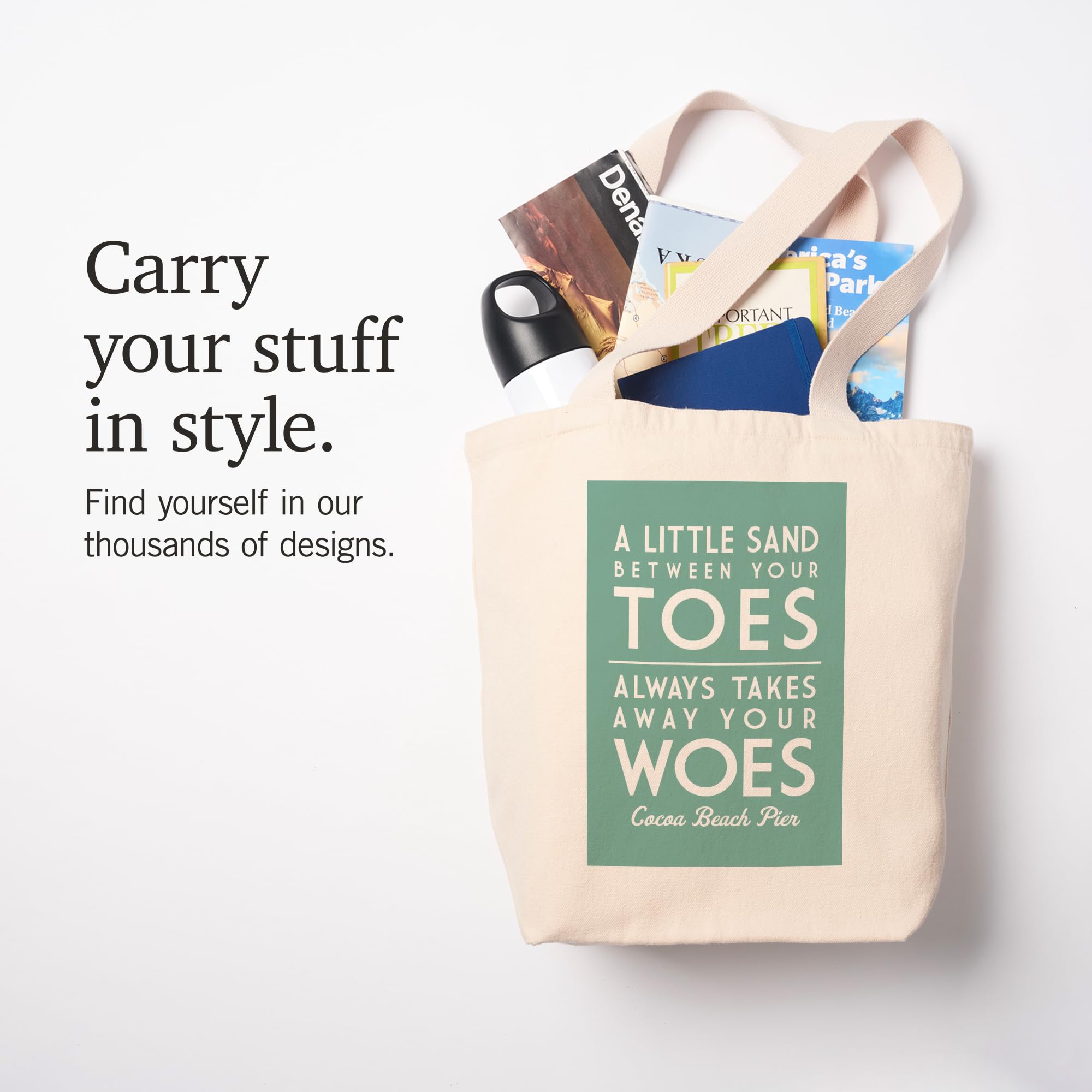 Lantern Press Cocoa Beach Pier Florida Tote Bag - 100% Cotton Canvas Reusable Shopping Bag with 'A Little Sand Between Your Toes' Design - Perfect for Beach Trips, Groceries & Eco-Friendly Shopping