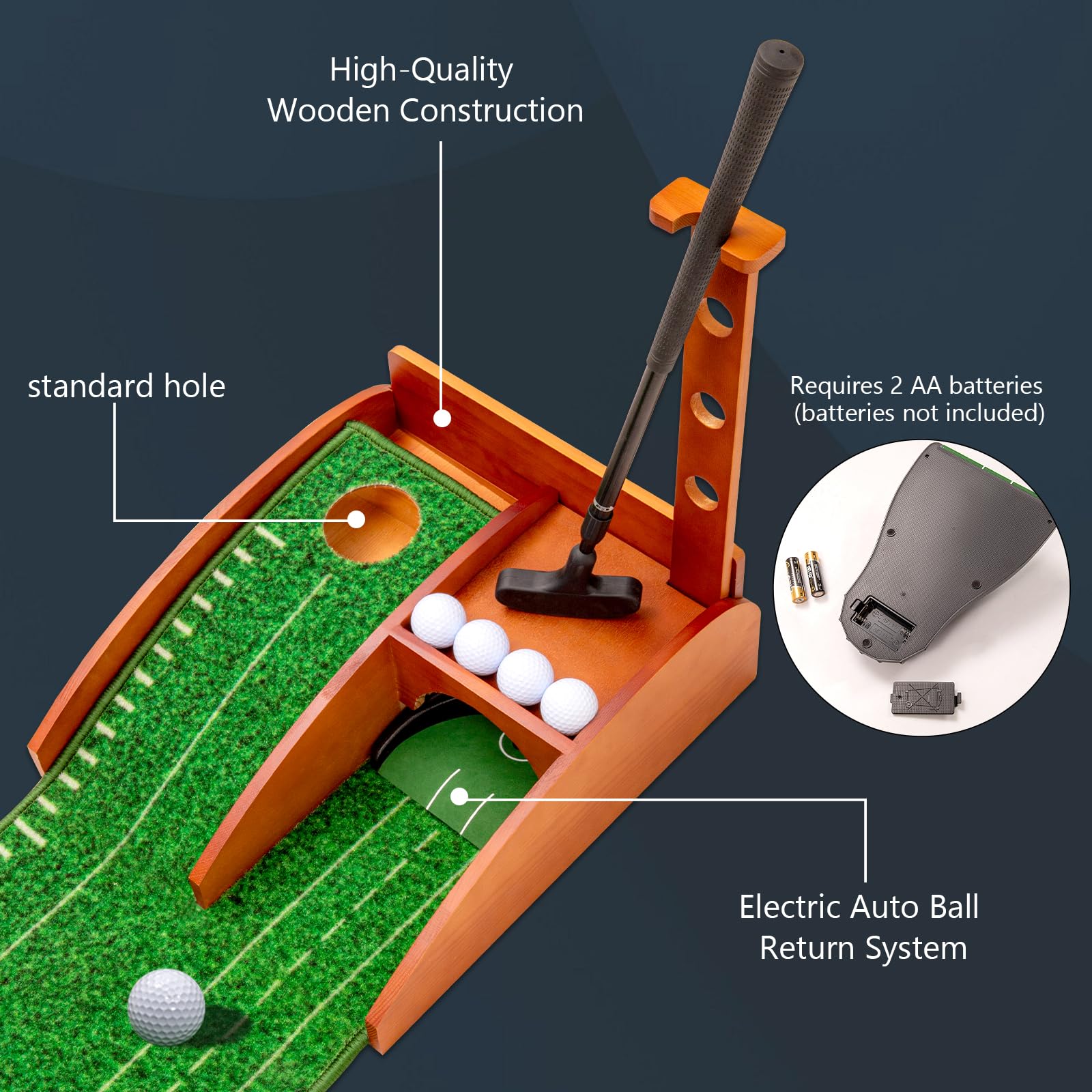 Premium Auto Ball Return Golf Putting Mat - Indoor Putting Green with Crystal Velvet Surface & Solid Wood Base - Perfect for Home, Backyard, Office Practice & Golf Gift Ideas