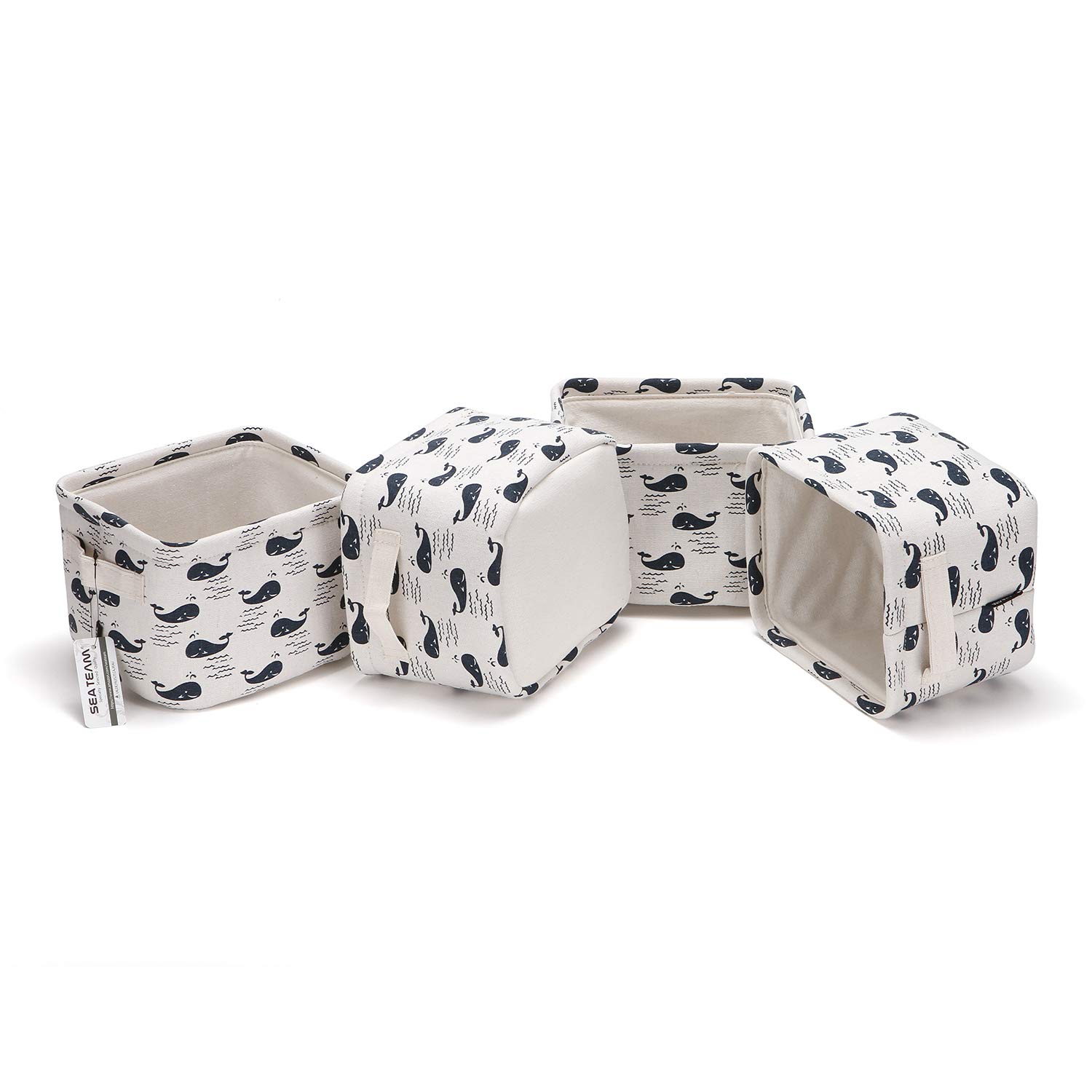 Sea Team Collapsible Square Mini Canvas Storage Bins - Set of 4 (Whale) | Foldable Fabric Organizer Baskets for Nursery, Kids Room, Closet & Office | Space-Saving Home Organization Solution