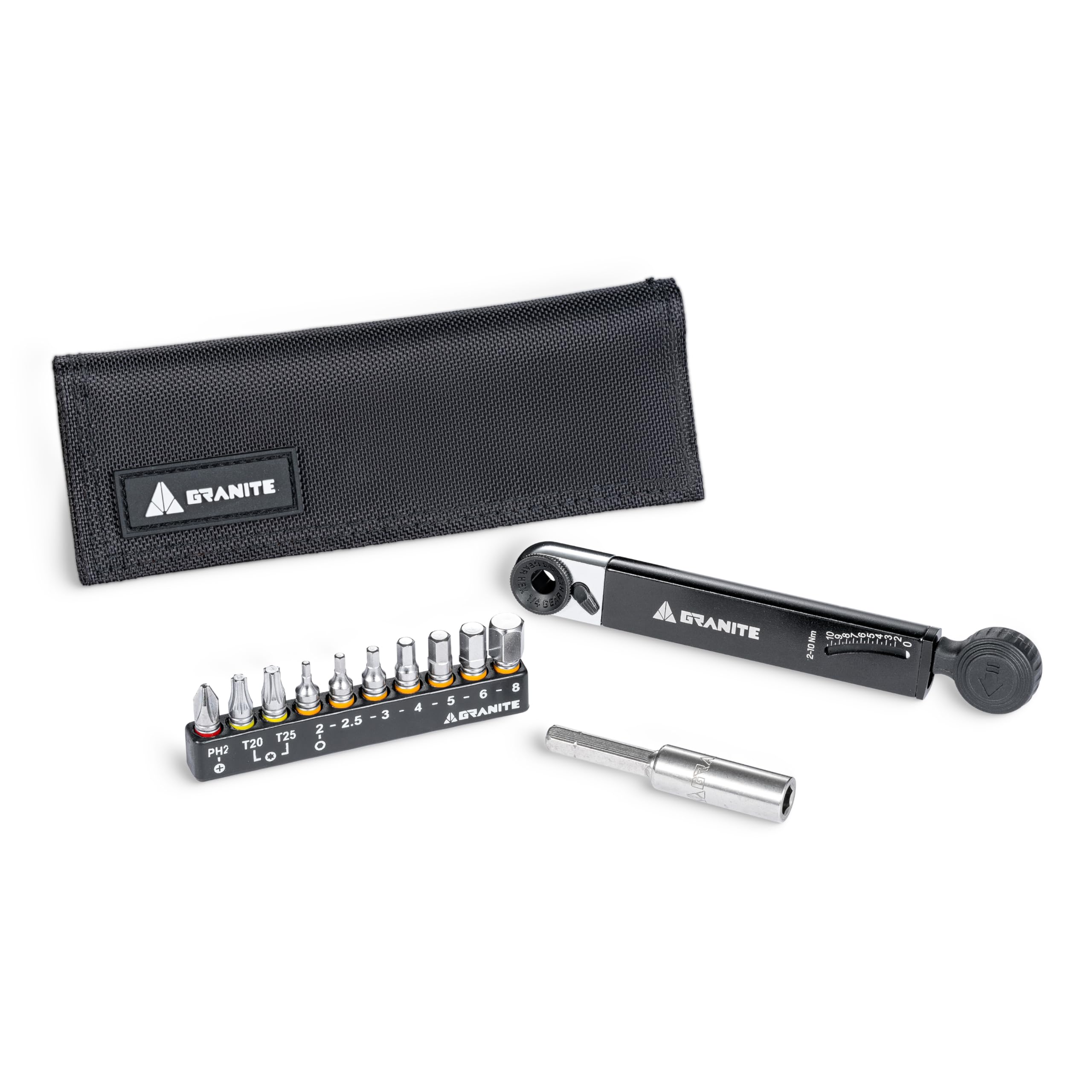 Granite Rocknroll TQ Torque Ratchet Bike Tool Kit - 10-in-1 Multitool with Extension Rod for Mountain, Road & Gravel Bikes | Portable Cycling Repair Kit for On-the-Go Maintenance (Black)