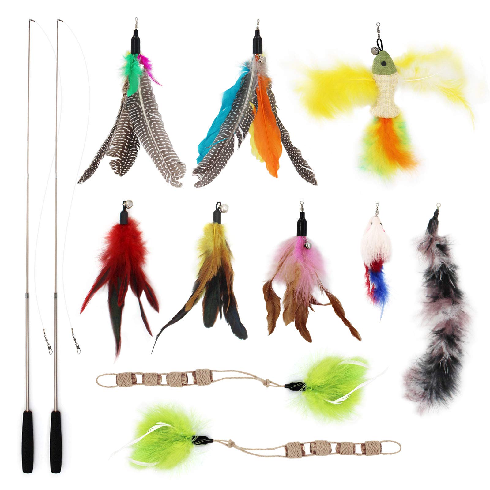 SONGWAY 12PCS Cat Feather Toys Set - 2 Retractable Cat Wand Toys & 10 Replacement Feathers with Bell, Interactive Kitten Teaser Toys for Play & Exercise | Perfect for Indoor Cats, Playtime & Bonding with Your Pet