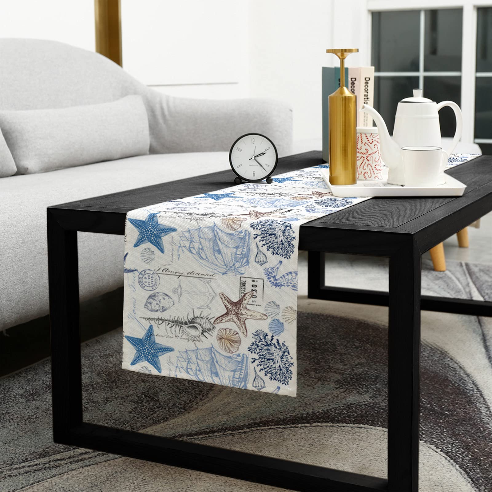 Starfish Undersea Anchor Sailboat Table Runner 120 Inches - Blue & Brown Ocean Theme Bed Runner, Dresser Scarf for Indoor & Outdoor Parties, Ceremonies, Banquets - 13
