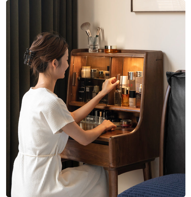 Black Walnut Solid Wood Lighted Vanity Dressing Table with Mirror - Elegant Makeup Desk for Bedroom, Bathroom, or Boudoir