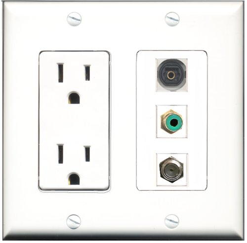 RiteAV 15 Amp Power Outlet with 1 Port RCA, 1 Port Coax, and 1 Port Toslink - Decorative Wall Plate for Home Theater and Audio Setup - Perfect for Living Room, Bedroom, and Office Installations