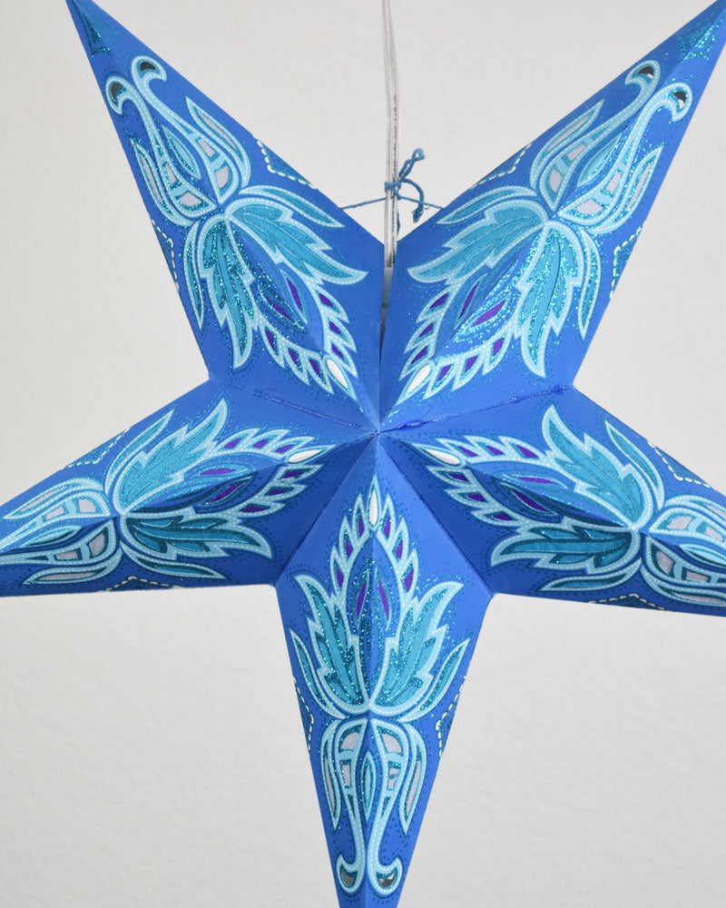 24 Blue & Turquoise Lotus Glitter Paper Star Lanterns - Hanging Decorative Lights for Parties, Weddings, Home Decor & Outdoor Events