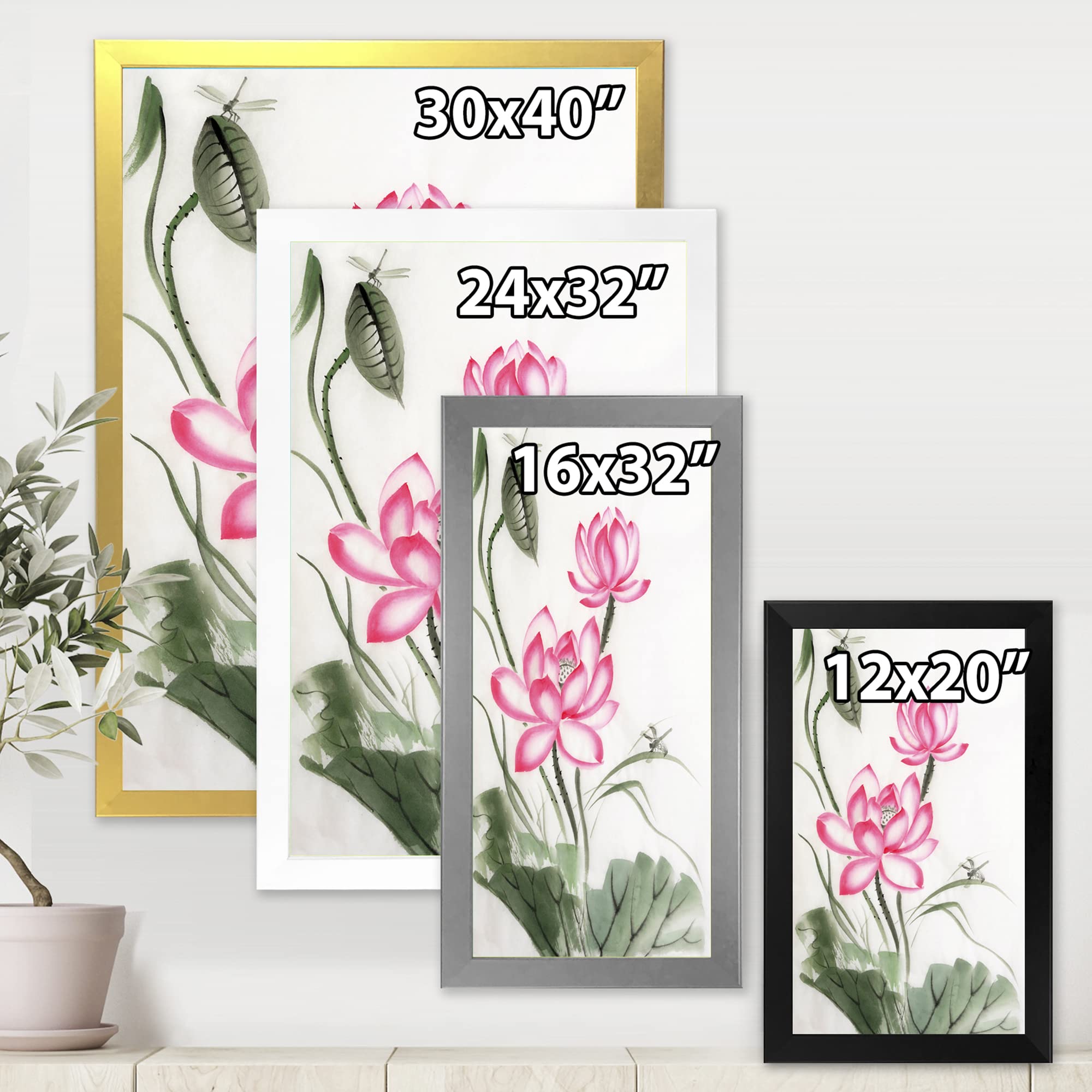 DesignQ Lotus and Dragonfly Traditional Framed Wall Art - Elegant Asian Home Decor for Living Room, Bedroom & Office