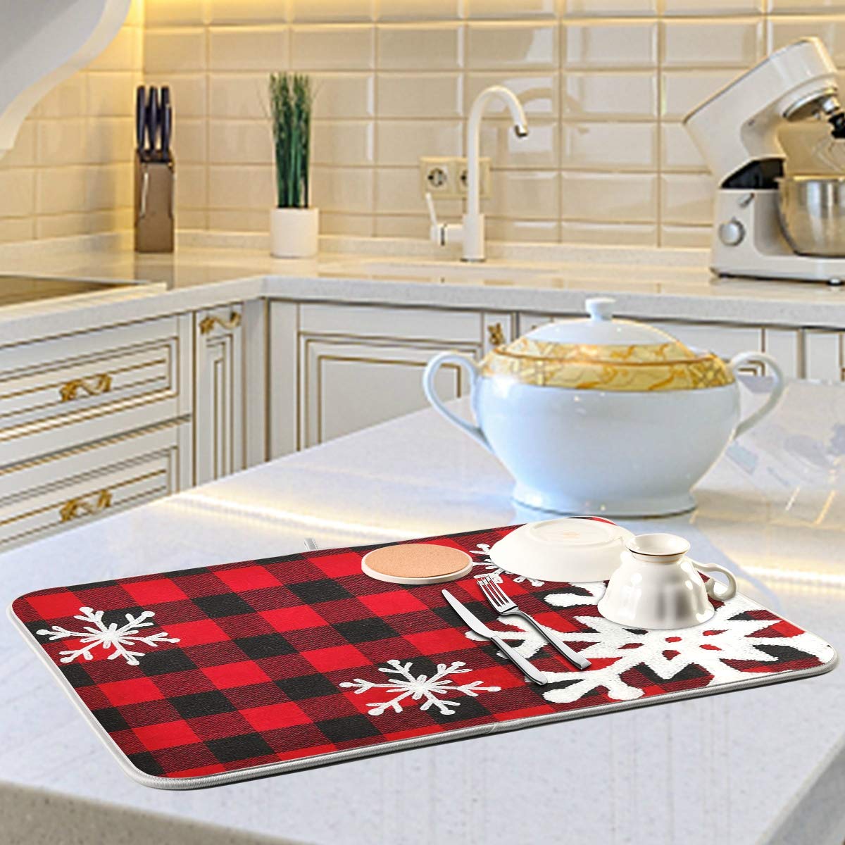 Christmas Plaid Dish Drying Mat 18x24 Inch - Red Black Snowflake Design for Kitchen Countertops & Bottles