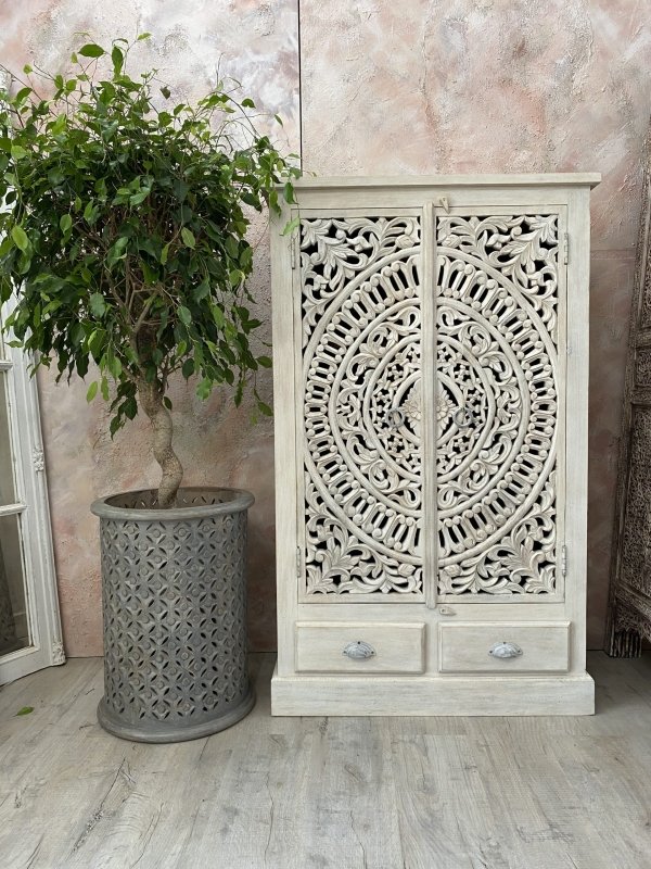 Hand Carved Solid Wooden Armoire - White Finish | Elegant Bedroom Storage Cabinet for Clothes & Linens | Perfect for Master Bedroom, Guest Room & Dorm Organization