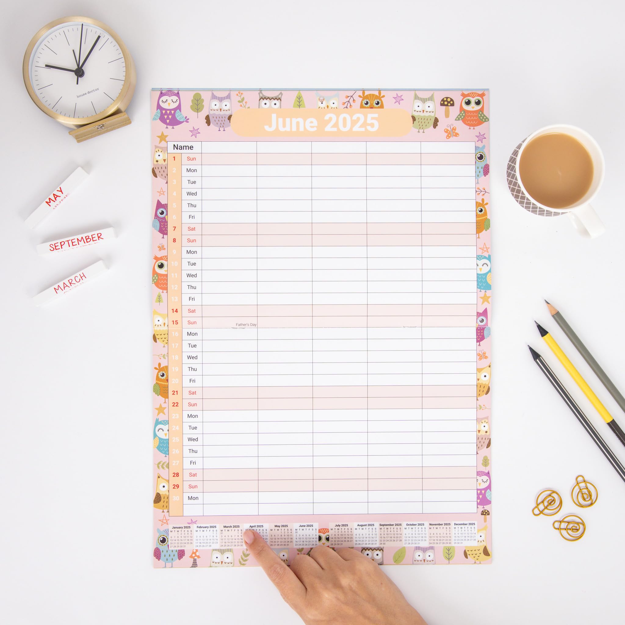 Evelay Family Calendar 2025 - 5-Column Monthly Wall Planner (Owl Design) | A3 Hanging Organizer for Home, Office & School | Perfect for Family Scheduling, Meal Planning & Event Tracking