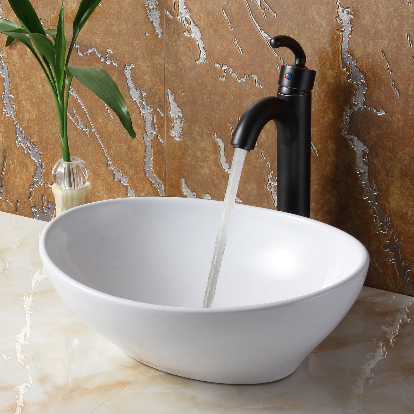 Premium Egg White Ceramic Porcelain Bathroom Vessel Sink with Oil-Rubbed Bronze Single Lever Faucet - Modern Vanity Sink for Master Bath & Powder Room Decor