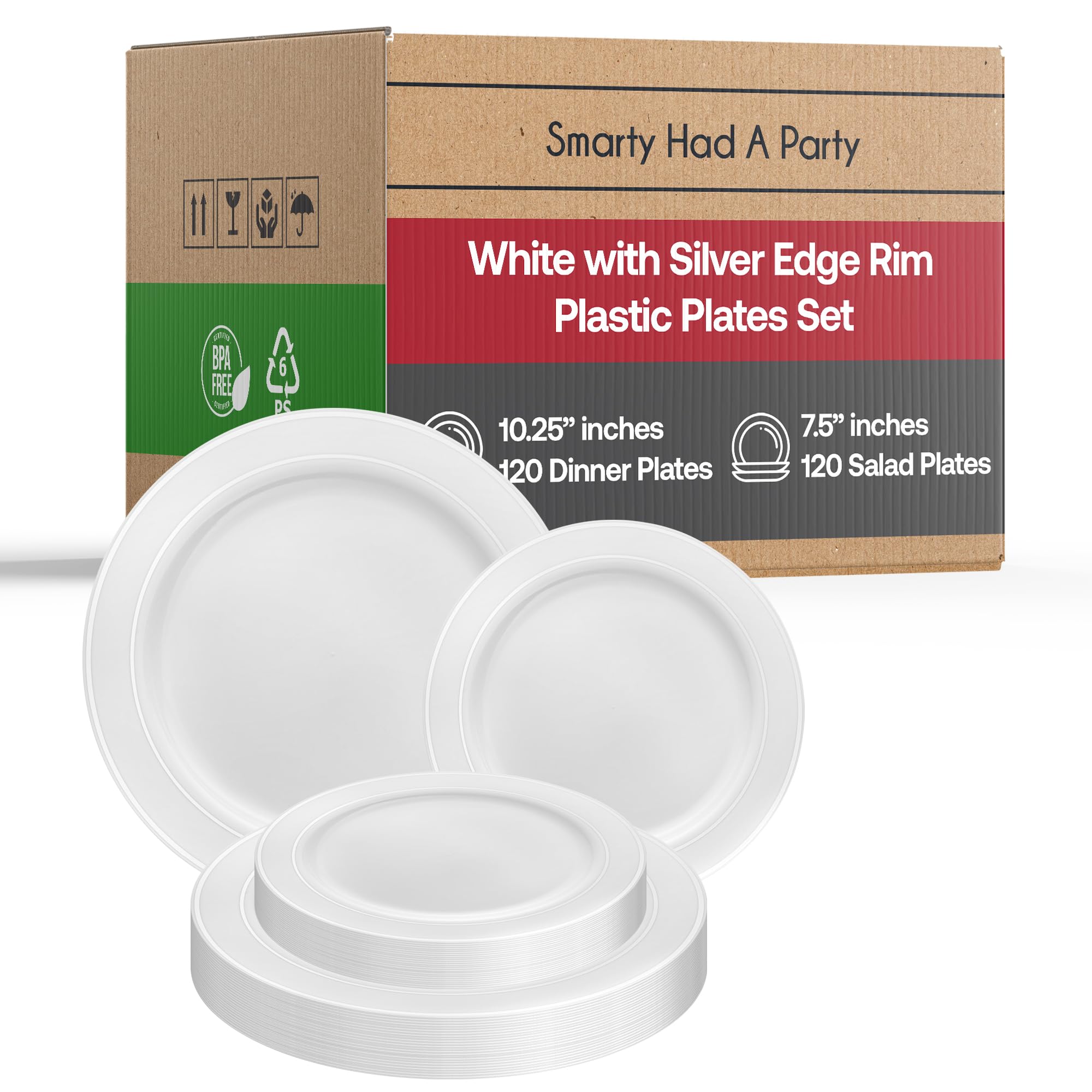 Premium 240-Pack Disposable Plastic Plates - 120 Heavy Duty White Silver-Rimmed Dinner Plates & 120 Elegant Dessert Plates for Wedding, Birthday Party, Catering & Events - Durable Party Tableware for Indoor/Outdoor Use