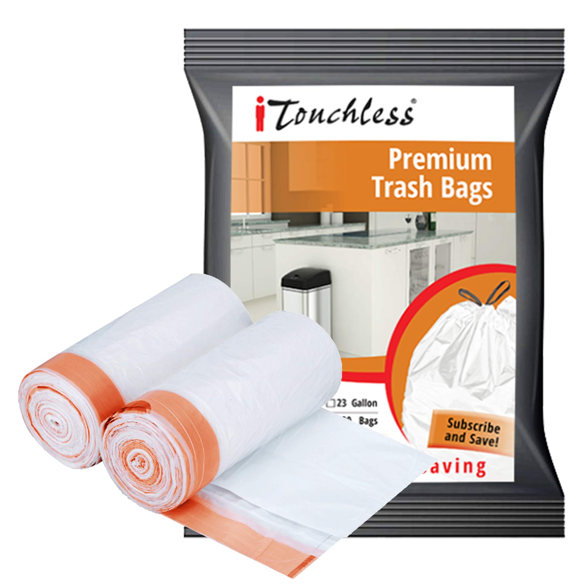 Touchless Custom Fit Trash Bags - Heavy Duty 13 Gallon Drawstring Garbage Bags for Kitchen, Bathroom & Office Waste Disposal (60 Count)