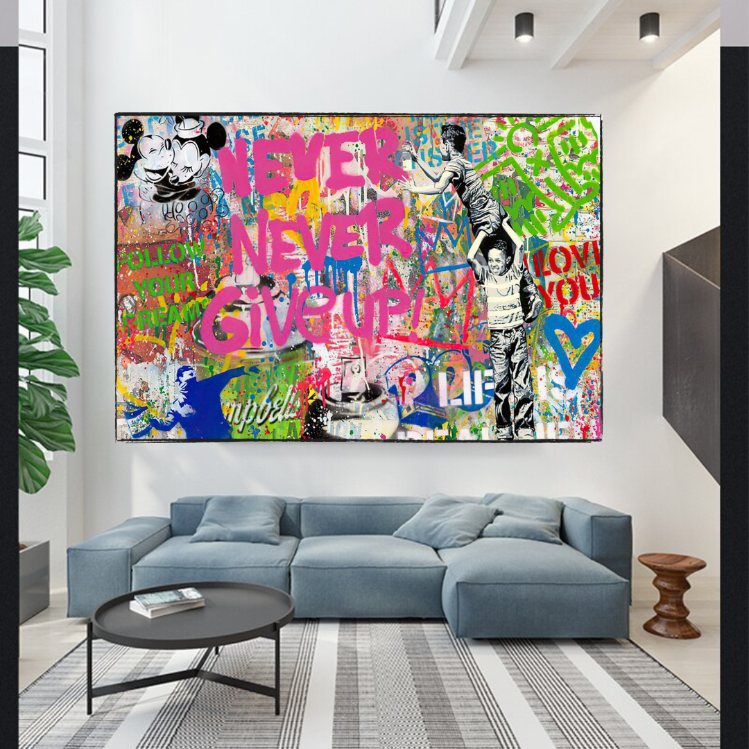 Banksy Never Give Up Canvas Wall Art Print - Inspirational Street Art Poster for Home, Office & Gift Decor