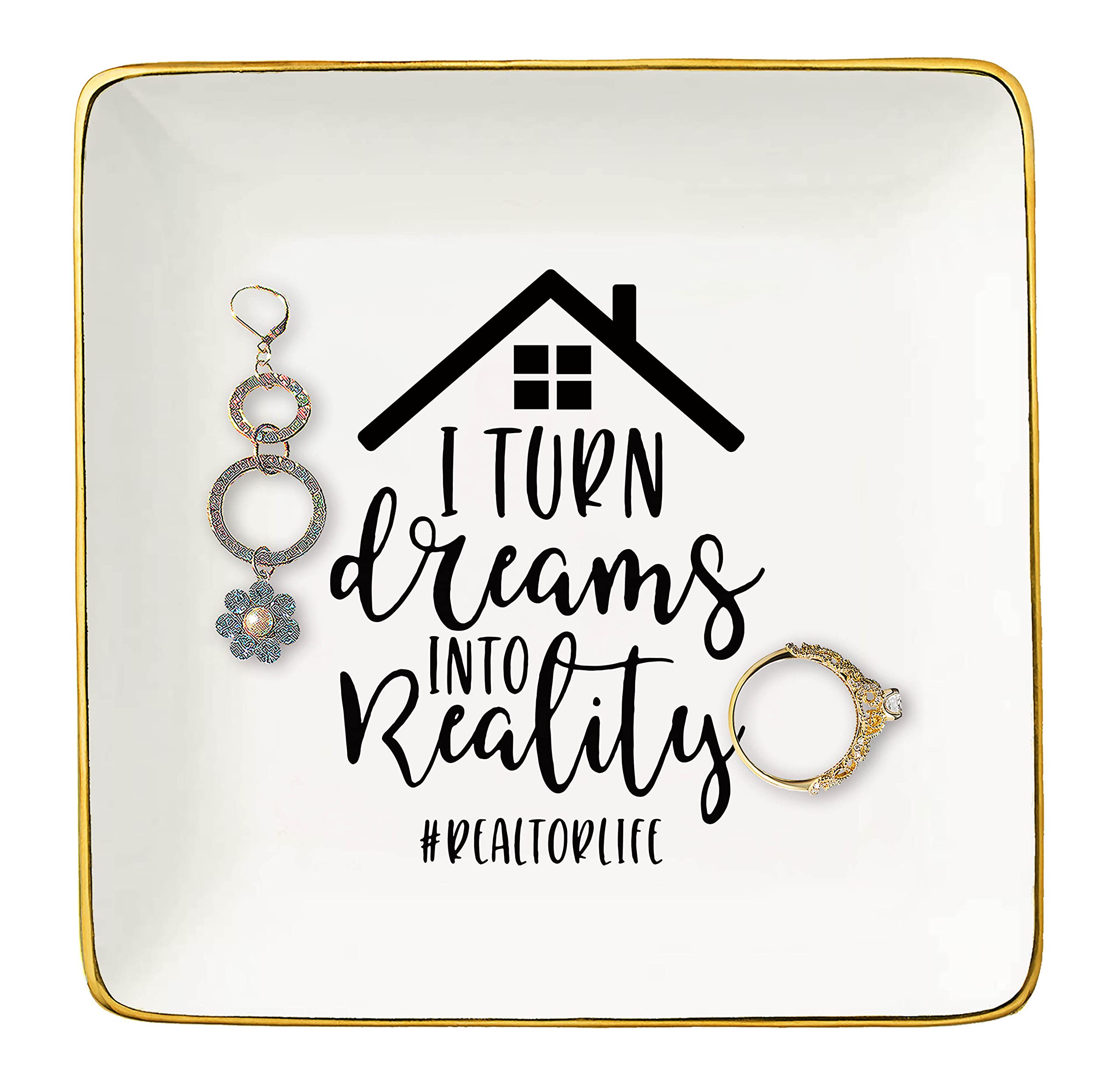 Topthink Realtor Gift - Ceramic Jewelry Holder & Ring Dish for Real Estate Agents - Perfect Closing Gift for Valentine's Day, Birthday, Christmas - 'Best Broker I Turn Dreams Into Reality' Trinket Tray - Ideal for Home Decor, Office Desk Organizer & Gift Giving