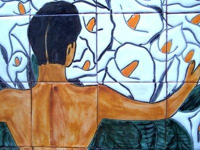 Handmade Calla Lilies Basket Clay Talavera Tile Mural - Mexican Folk Art Wall Decor for Kitchen, Bathroom, or Outdoor Patio