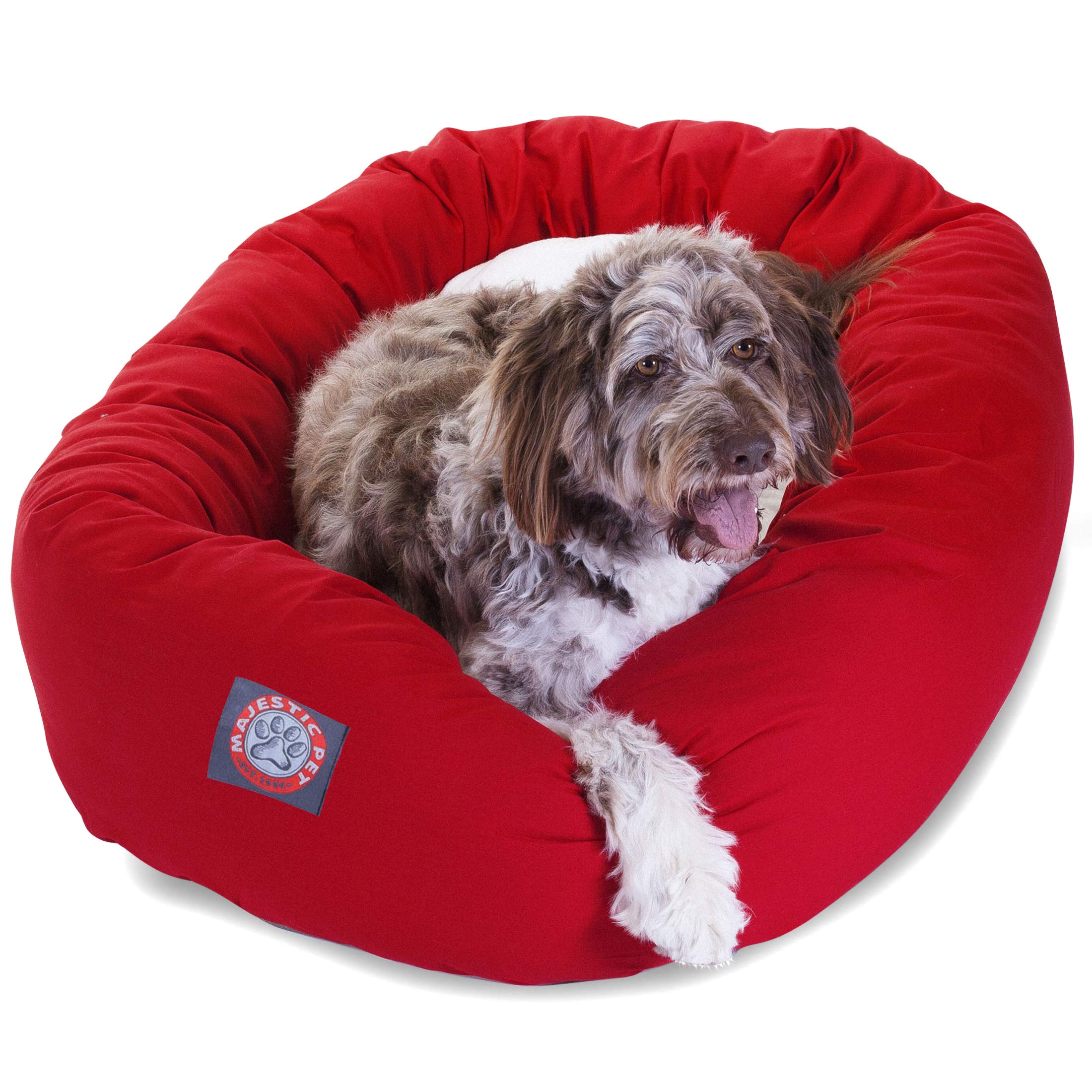 52 Inch Red & Sherpa Bagel Dog Bed - Ultra Soft Orthopedic Pet Bed for Large Dogs, Washable & Durable - Perfect for Living Room, Bedroom, or Crate Use