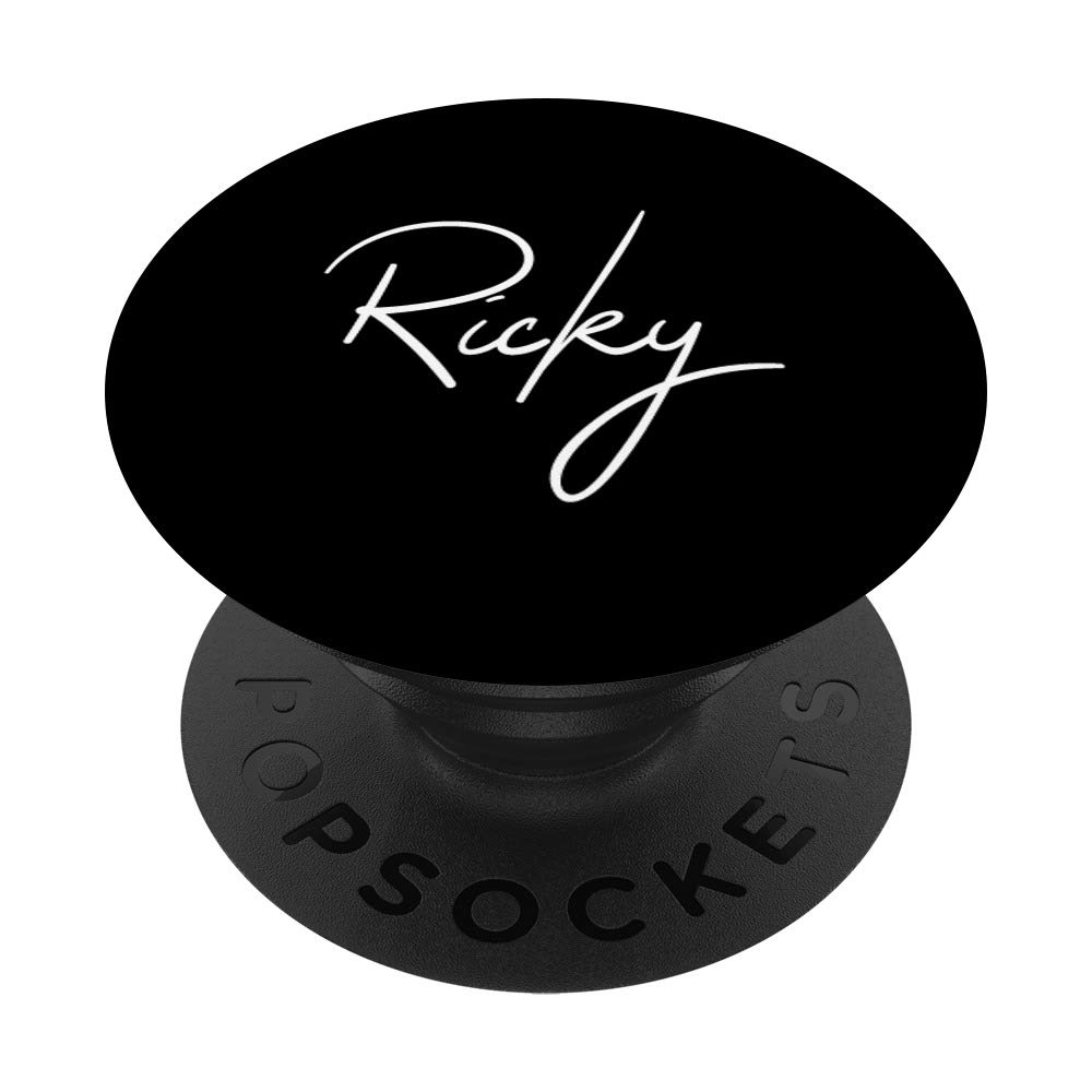 Ricky Name White on Black PopSockets PopGrip - Swappable Phone & Tablet Grip for Secure Hold - Perfect for Everyday Use, Travel, and Hands-Free Viewing
