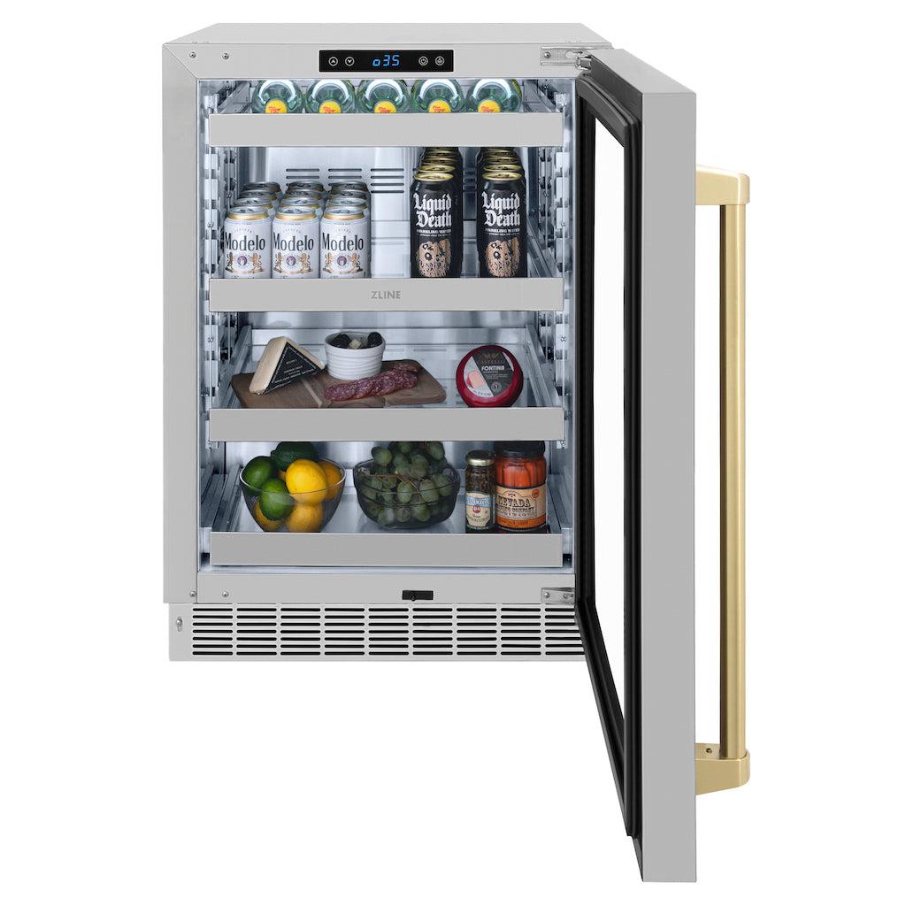 ZLINE Autograph Edition 24 Inch Touchstone 151 Can Beverage Refrigerator - Stainless Steel Glass Door with Champagne Bronze Handle - Compact Wine & Beer Cooler for Home Bar, Kitchen, or Office Use (RBSOZ GS 24 CB)
