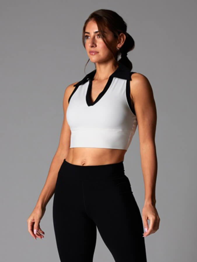 Tavi Contrast Polo Women's Tank Top - Coconut & Ebony Color Block Design - Casual Summer Wear for Beach, Gym & Outdoor Activities
