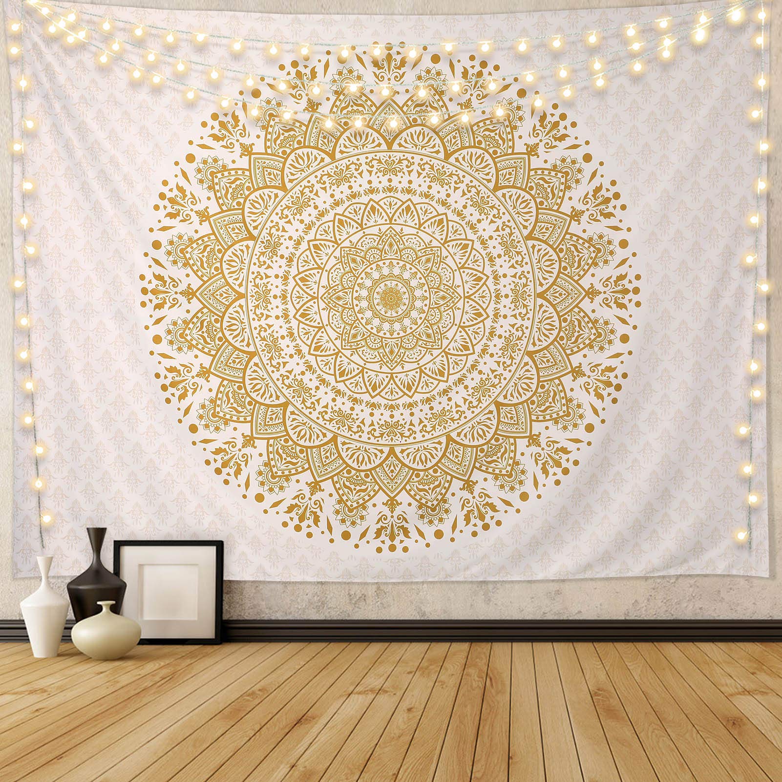 Edeesky White and Gold Mandala Tapestry Wall Hanging - Boho Chic Home Decor for Living Room, Bedroom, Dorm - Perfect for Meditation Spaces, Yoga Studios & Festival Decor