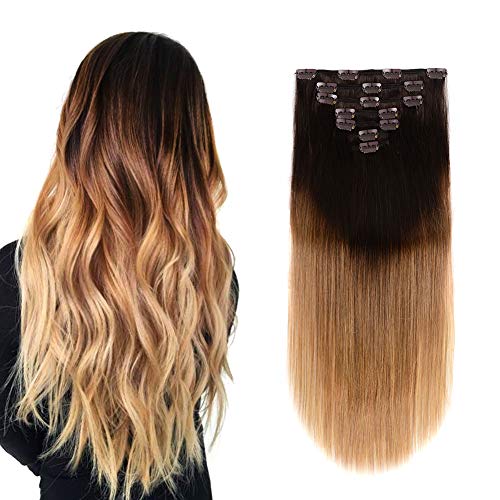 14 Inch Clip-in Human Hair Extensions - 100% Remy Human Hair, 70g 7pcs with 16 Clips, Straight Ombre Hair (Dark Brown to Light Brown Ash Blonde) for Women | Perfect for Volume, Length & Styling | Great for Parties, Weddings & Daily Wear