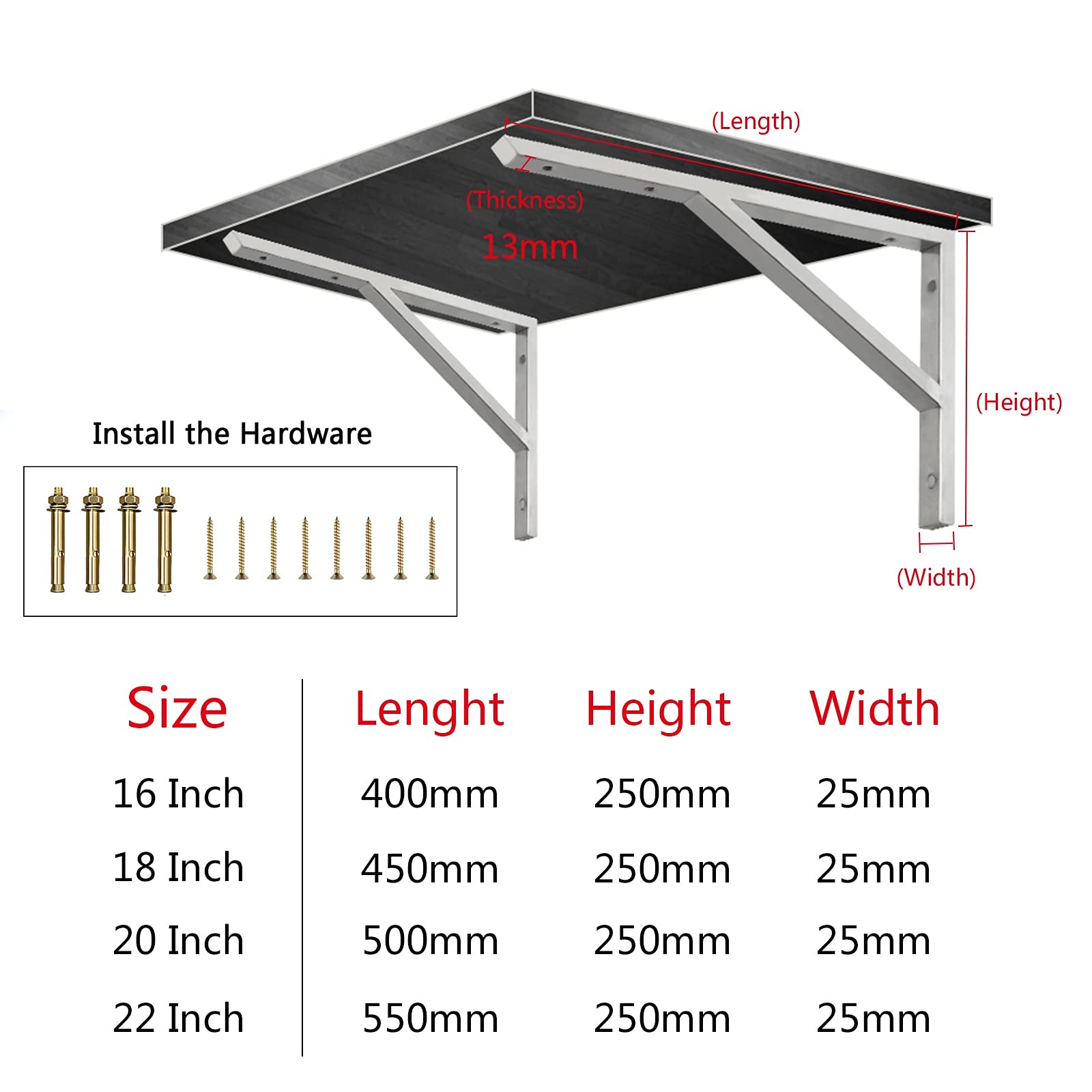 Heavy Duty Shelf Brackets 2 Pack - 150kg Load Capacity Metal Wall Brackets for Floating Shelves - 16/18/20/22 Inch Triangle Shelving Brackets with Hardware - Perfect for Home Storage, Garage Organization & Display Shelves