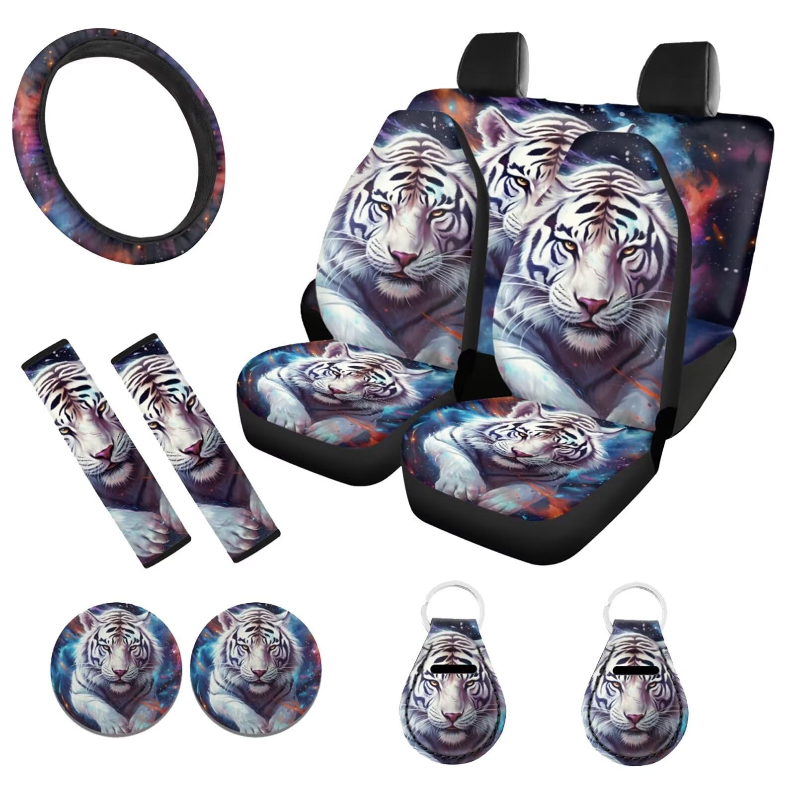 Premium White Tiger Print Car Seat Covers Full Set - Universal Fit for Women & Men | Steering Wheel Cover, Front & Back Seat Protectors, Seat Belt Pads, Coasters & Keychains | SUV/Truck Interior Decor Accessories for Road Trips & Daily Commute