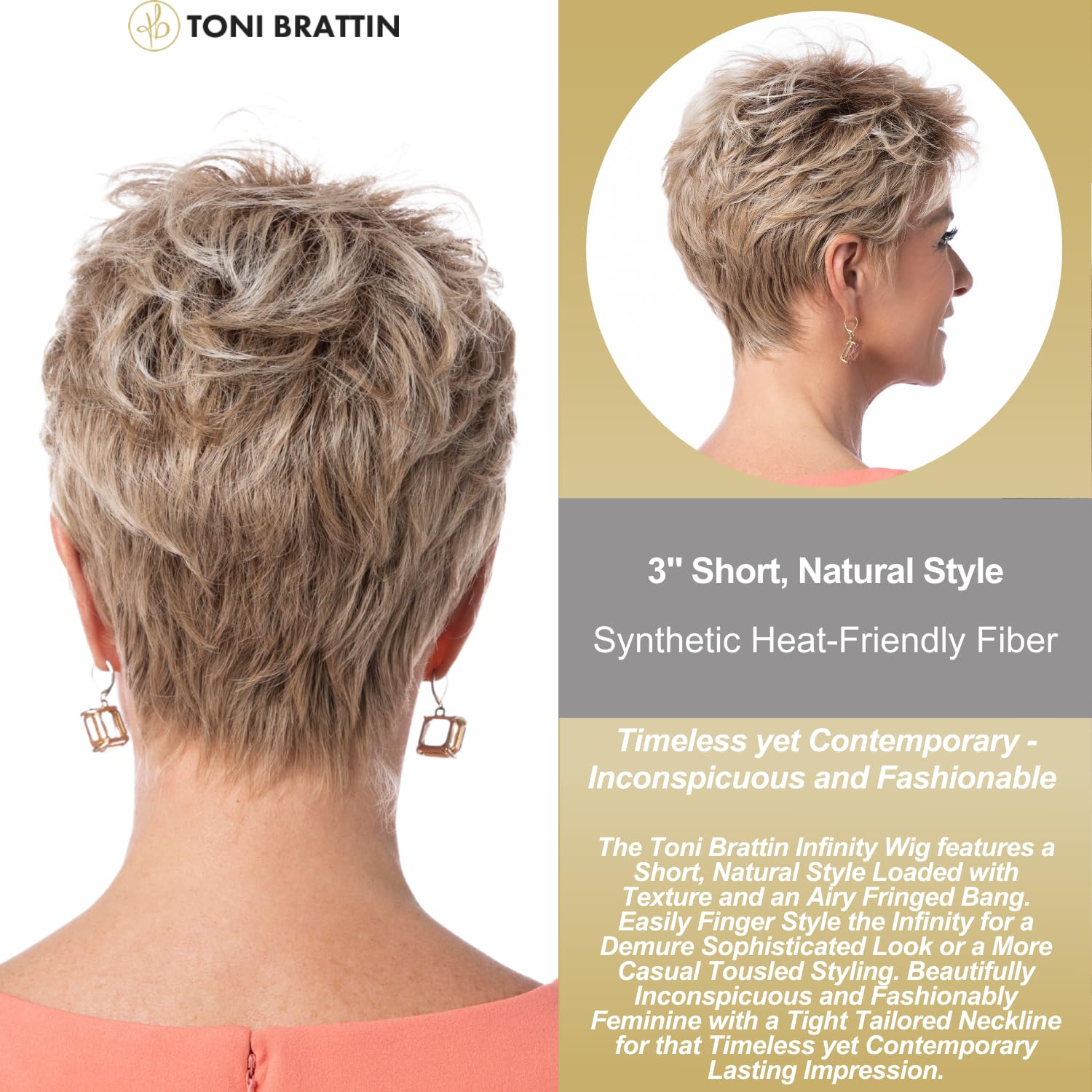 Toni Brattin Infinity Wig - Short Natural Style Synthetic Hair with Texture & Airy Fringed Bang - Heat-Friendly, Adjustable & Comfortable - Looks & Feels Like Real Hair (Red Blonde, Regular) - Perfect for Daily Wear, Cosplay, and Special Occasions