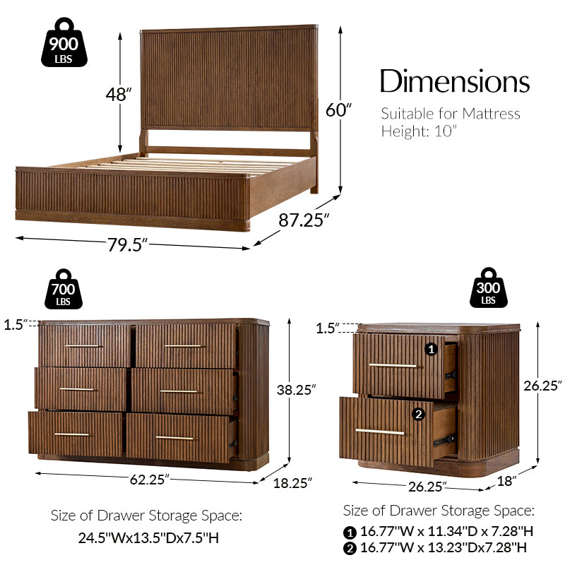 Modern Fluted Solid Wood Bedroom Set with Oak Texture - 4 Piece Bed Frame, Nightstand, Dresser & Mirror for Cozy Master Bedroom Decor