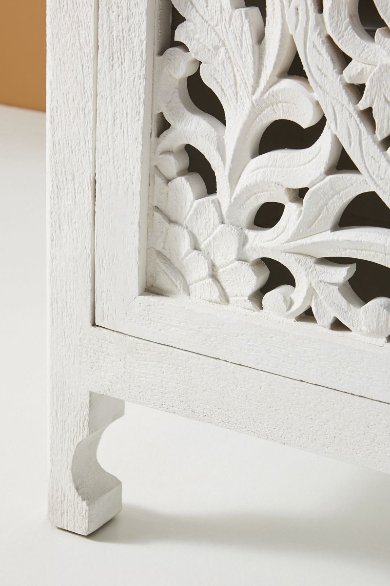 Hand Carved White Lombok Entryway Cabinet - Handmade Wooden Storage Unit with 3 Shelves | Solid Teak Wood Hallway Organizer for Shoes, Keys & Decor | Perfect for Entryway, Foyer & Living Room Storage