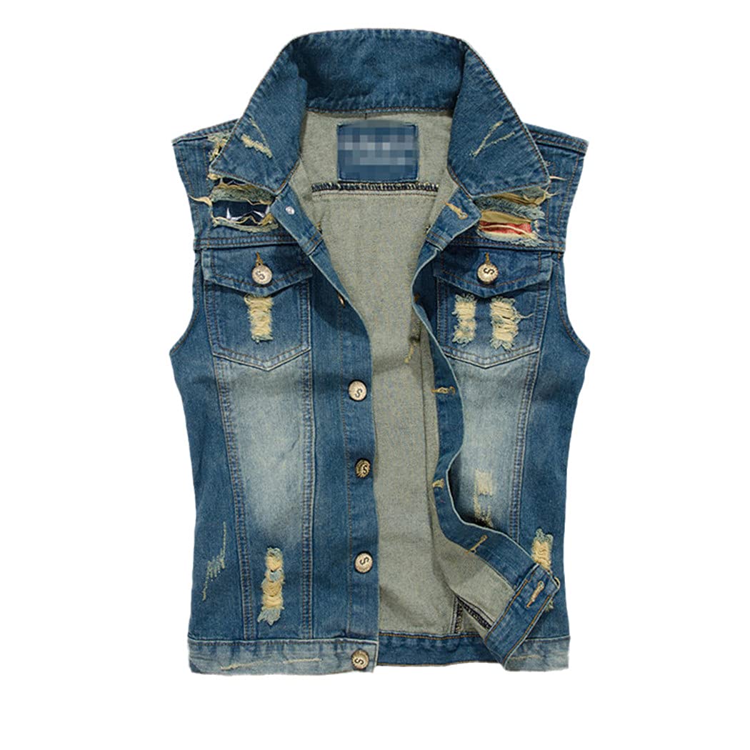 KEHAIOO Slim Fit Men's Denim Vest - Blue & Black Sleeveless Jacket for Cowboy Style | Plus Size Waistcoat for Outdoor Wear & Casual Fashion