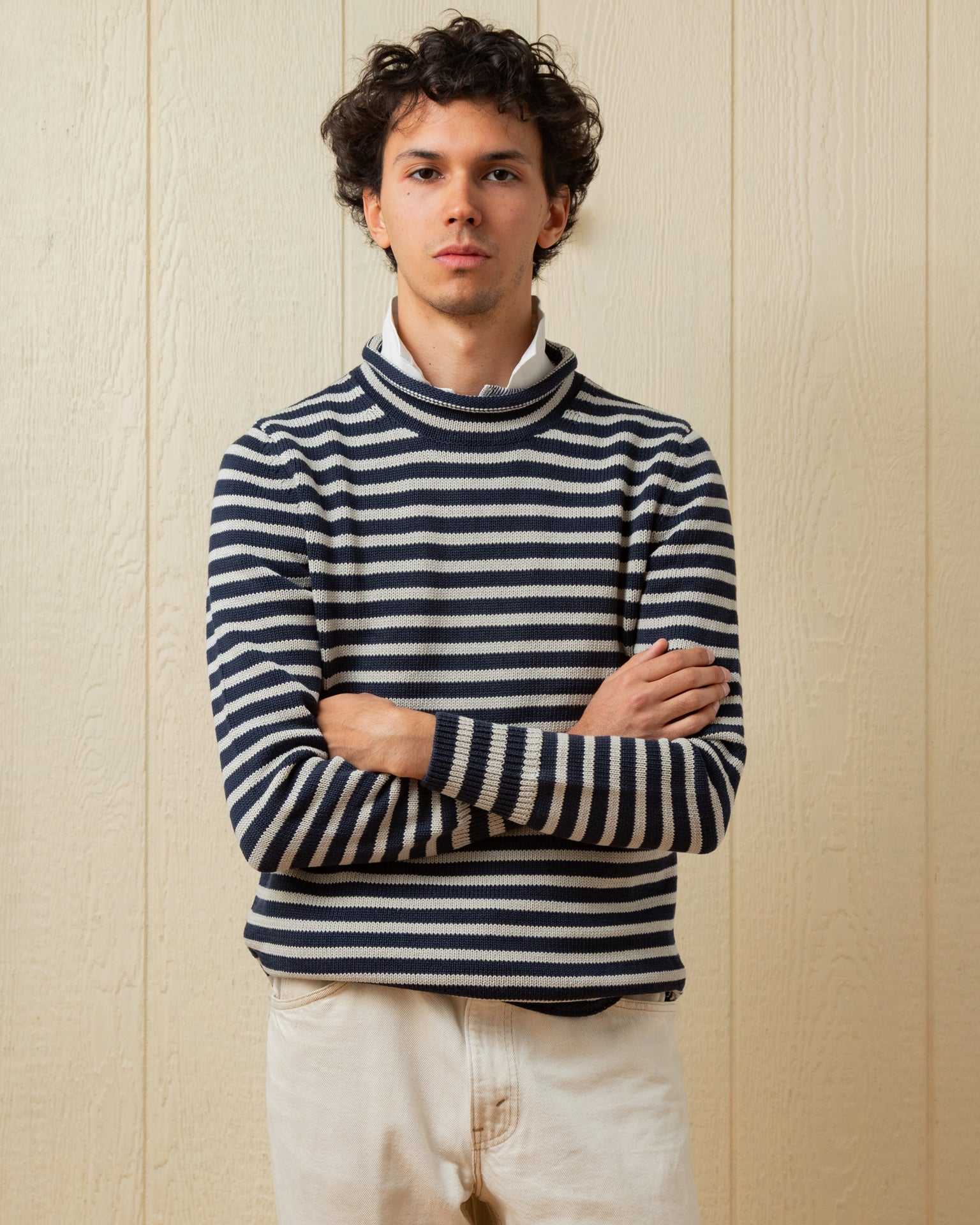 Premium Cotton Linen Blend Fisherman's Sweater - Navy & Grey Striped Pullover for Men | Cozy Casual Wear for Fall, Winter & Outdoor Activities
