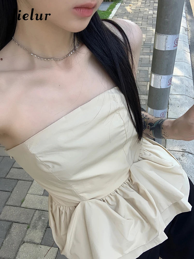 Strapless Apricot Women's Camisole - Sexy Ruffled Sleeveless Top for Casual Office Wear & Street Fashion | Perfect for Work, Date Nights & Summer Outfits