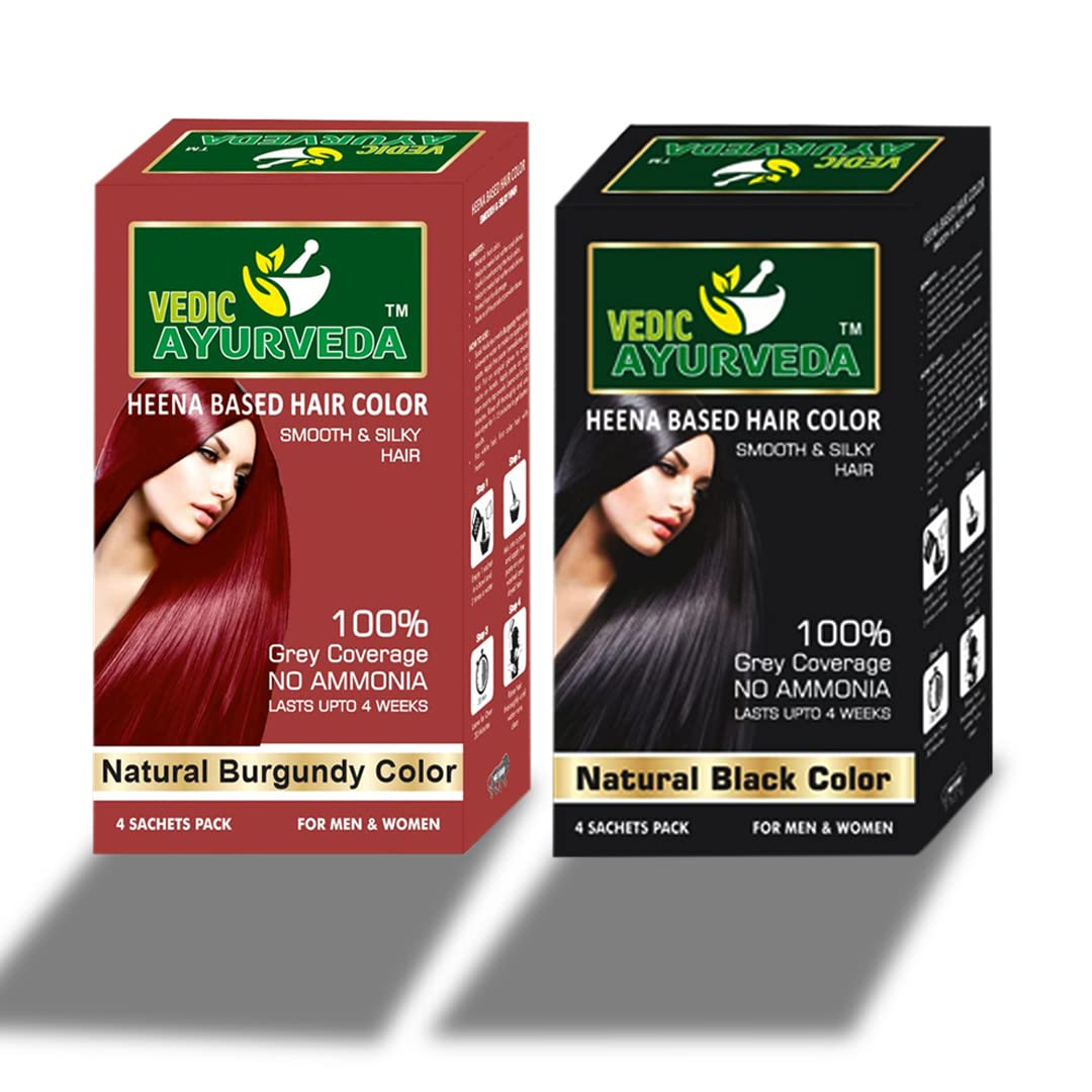 VedicAyurvedas Ammonia-Free Burgundy & Black Hair Color Powder - Natural Henna Hair Dye for Healthy Hair Care | Combo Pack for At-Home Hair Coloring & Styling