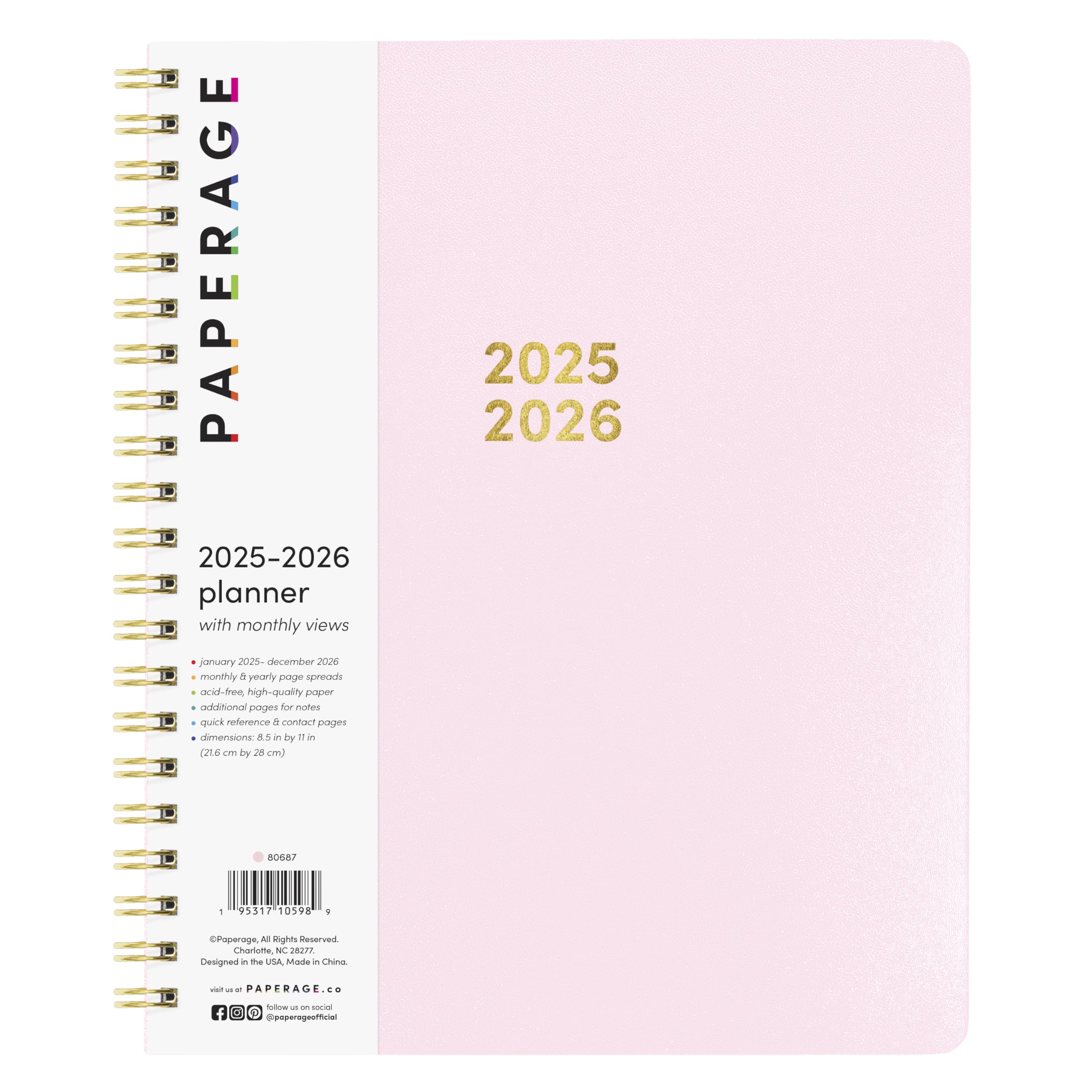 PAPERAGE 2 Year Spiral Bound Planner 2025-2026 (Blush) - 24 Month Calendar from January 2025 to December 2026 - 8.5