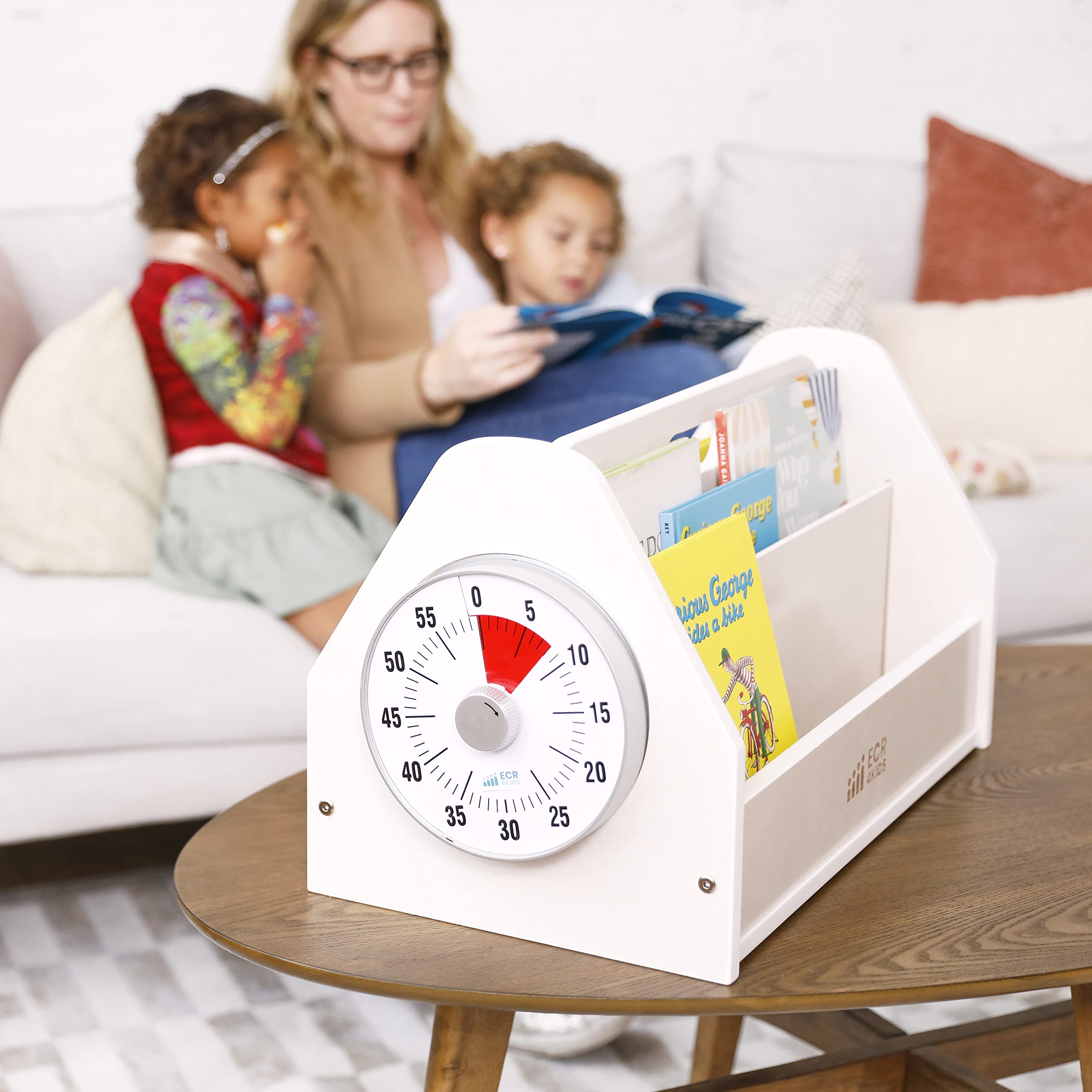 ECR4Kids Double-Sided Book Caddy with Timer - Portable Bookshelf Organizer for Classroom & Home - White Wash Finish - Ideal for Reading Corners, Daycare Centers & Homeschooling