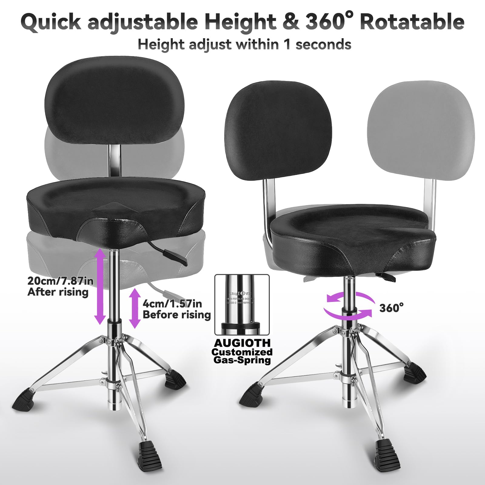 **Adjustable Hydraulic Drum Throne with Backrest & Memory Foam Seat – Stable, Comfortable Drum Stool for Adult Drummers & Guitar Players – Perfect for Live Performances & Studio Sessions – Black**