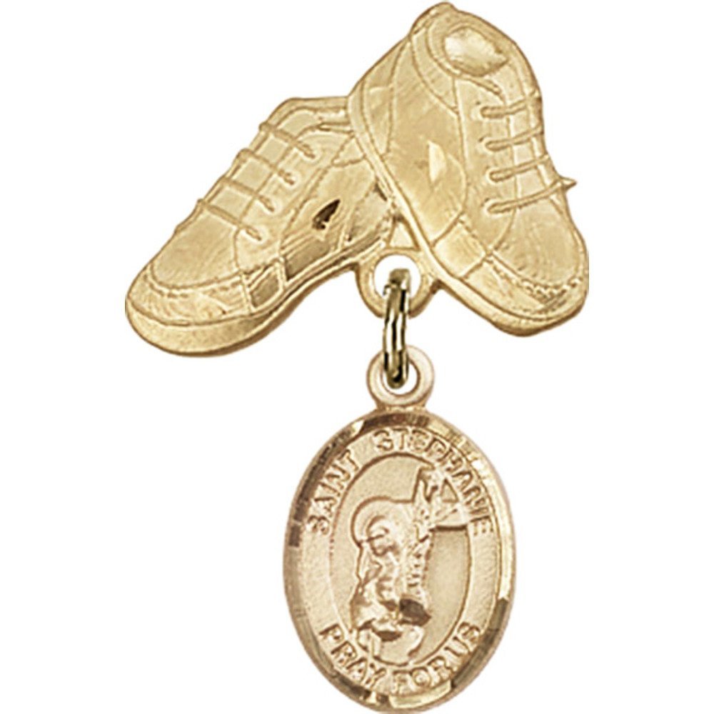 Gold Filled Baby Badge with St. Stephanie Charm & Baby Boots Pin - 1 X 5/8 Inch - Perfect for Christening Gifts, Baby Showers & Keepsake Jewelry