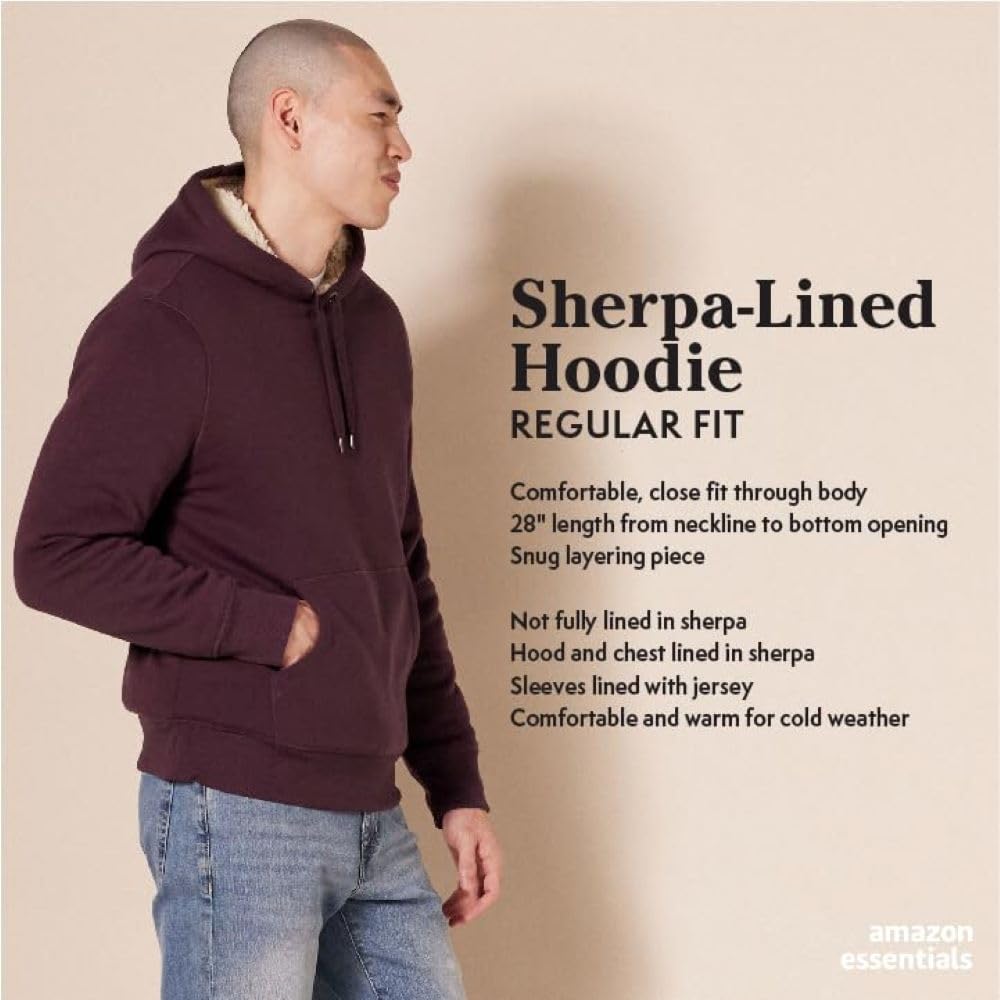 Amazon Essentials Men's Sherpa-Lined Hooded Pullover Sweatshirt - Warm Winter Fleece Jacket for Outdoor Activities & Casual Wear