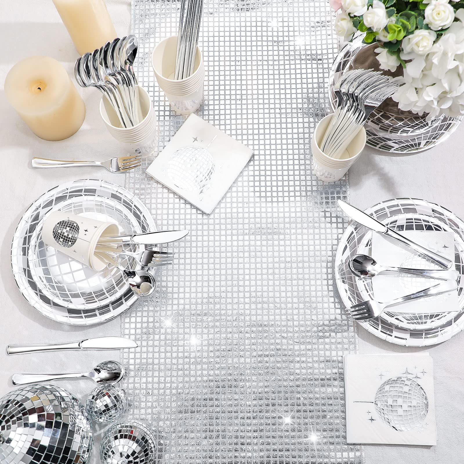 Marsui 201 Pcs Disco Ball Party Decorations Kit - 70s Theme Party Supplies with Glitter Table Runner, Disco Ball Plates, Napkins, Paper Cups & Straws for Birthday, New Year Celebrations (Silver) | Perfect for Themed Parties, Disco Nights & Retro Events