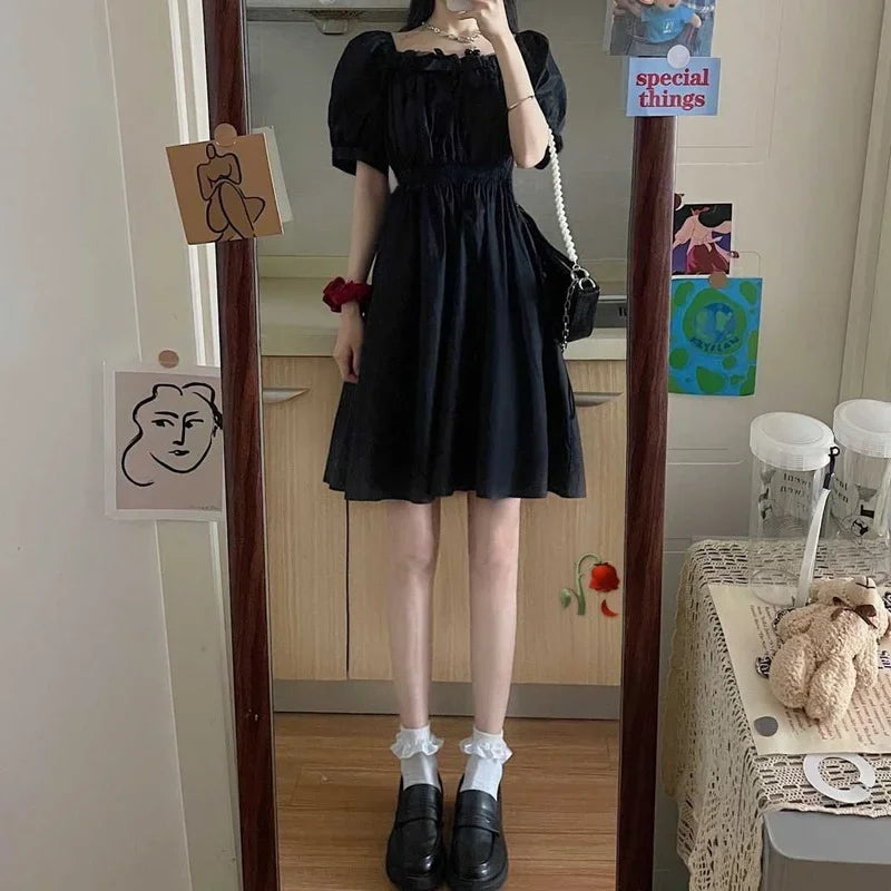Gothic Black Puff Sleeve Wrap Dress for Women - Kawaii Cute Sundress | Dark Academia Aesthetic | Perfect for Casual Wear, Date Nights & Gothic Fashion Lovers