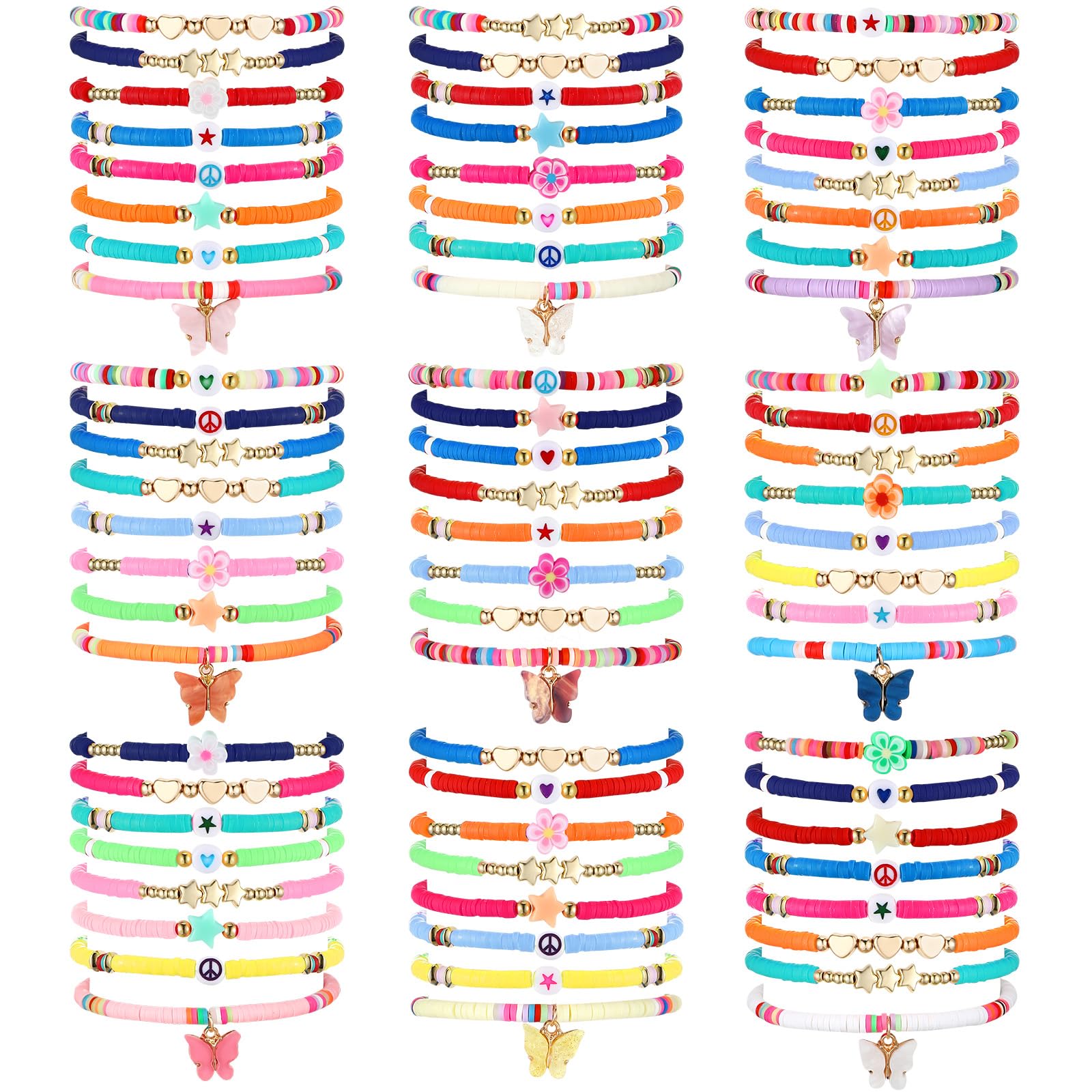 96 Pcs Colorful Friendship Bracelets Bulk - Heart Star Butterfly Stretch Beaded Bracelets for Girls Teens, Adjustable Clay Beads Jewelry for Summer Beach Party, Graduation Gifts, Birthday Favors